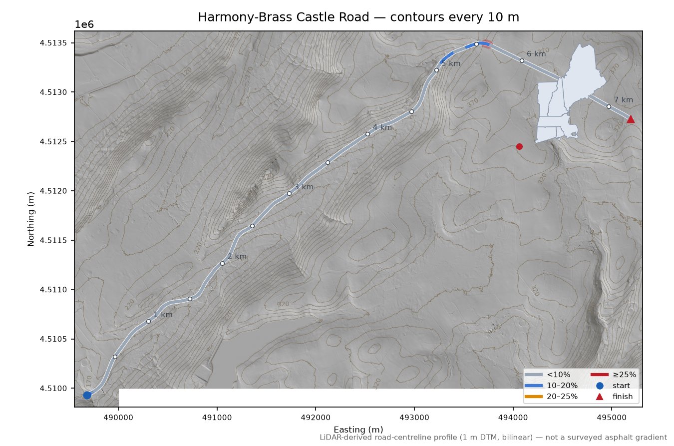Harmony-Brass Castle Road LiDAR hillshade map with contours
