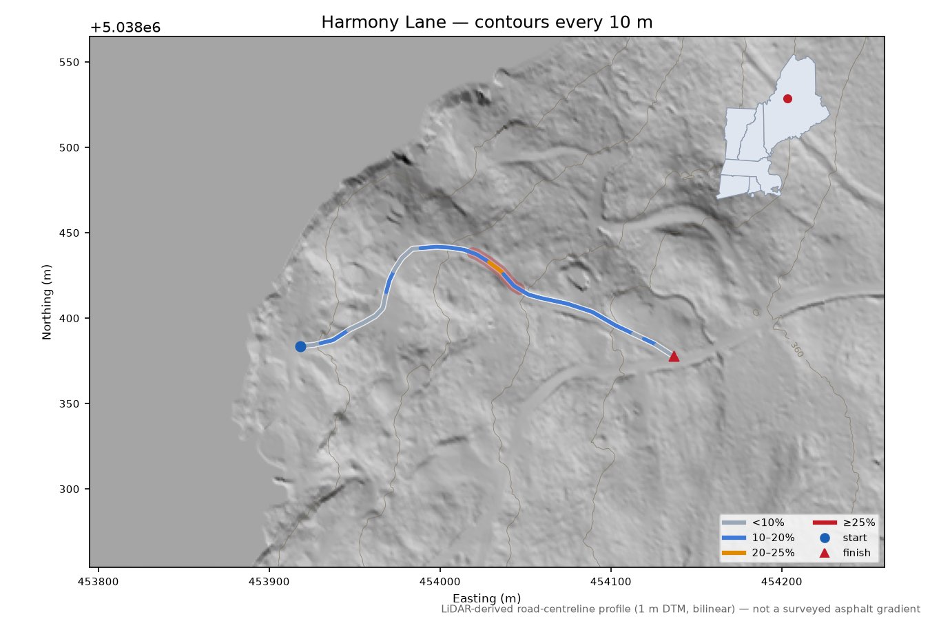 Harmony Lane LiDAR hillshade map with contours