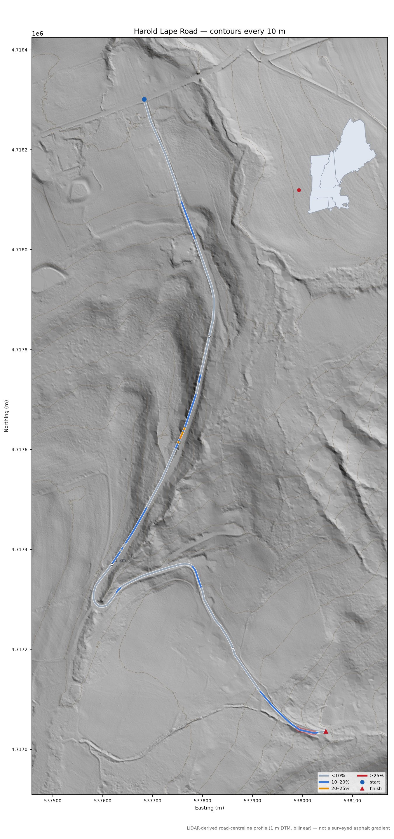 Harold Lape Road LiDAR hillshade map with contours