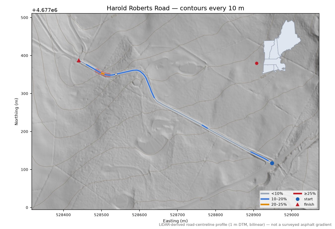 Harold Roberts Road LiDAR hillshade map with contours