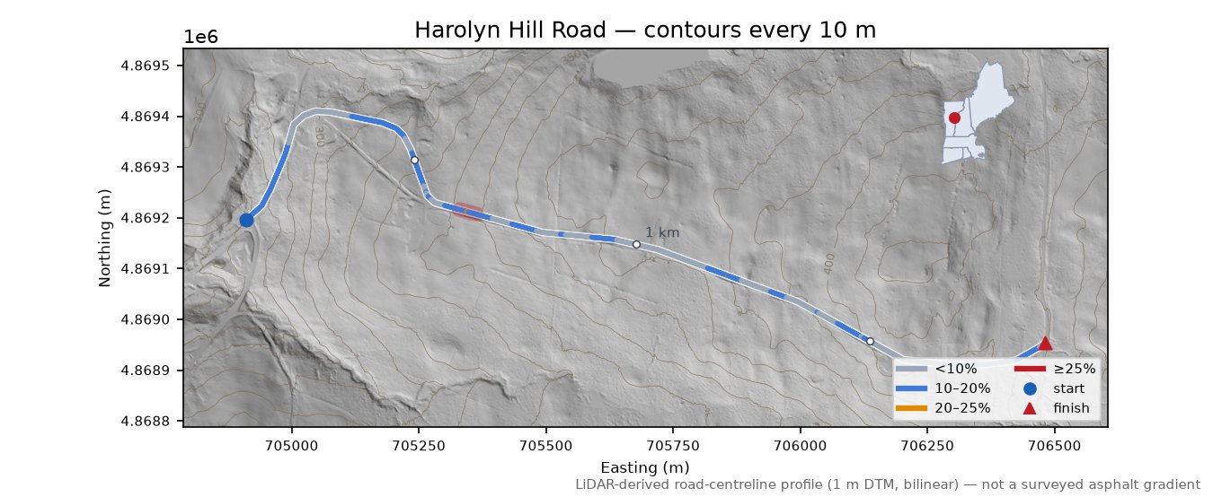 Harolyn Hill Road LiDAR hillshade map with contours