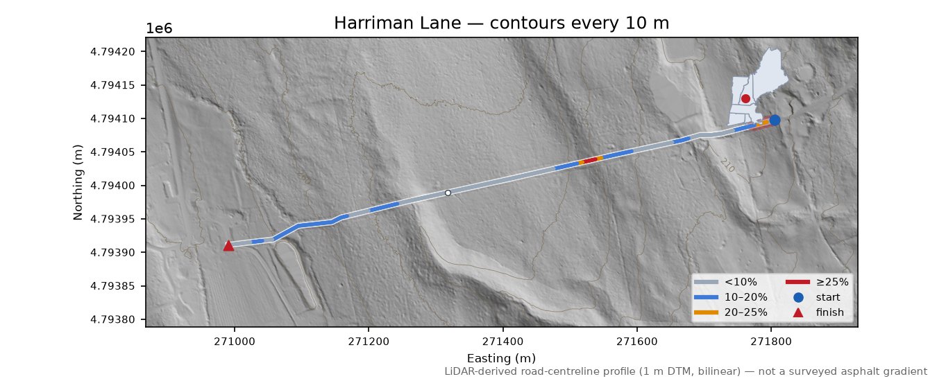 Harriman Lane LiDAR hillshade map with contours