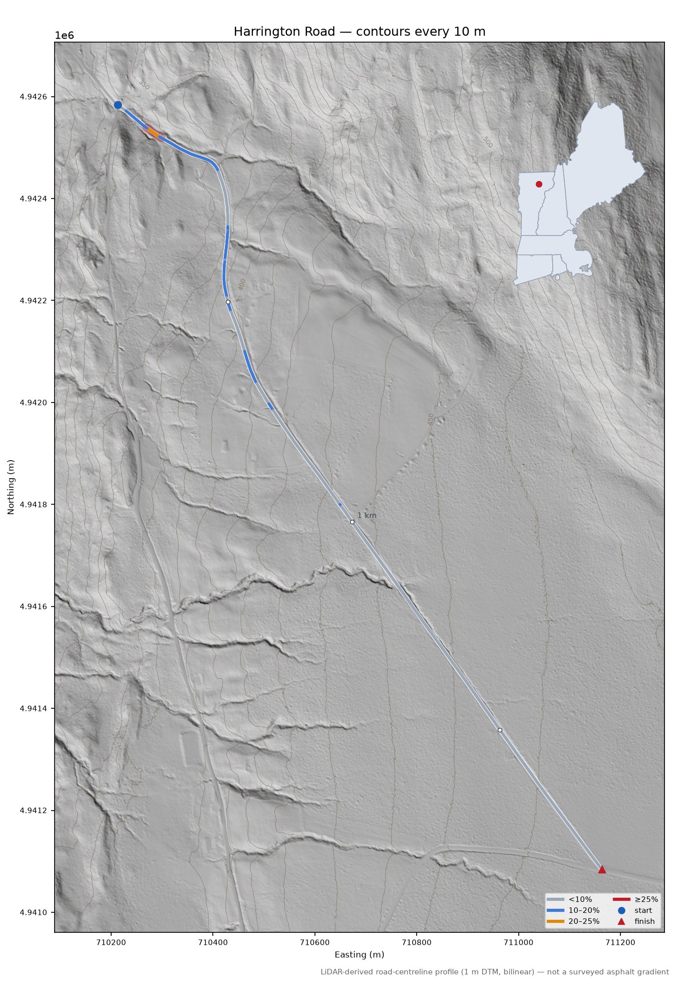 Harrington Road LiDAR hillshade map with contours