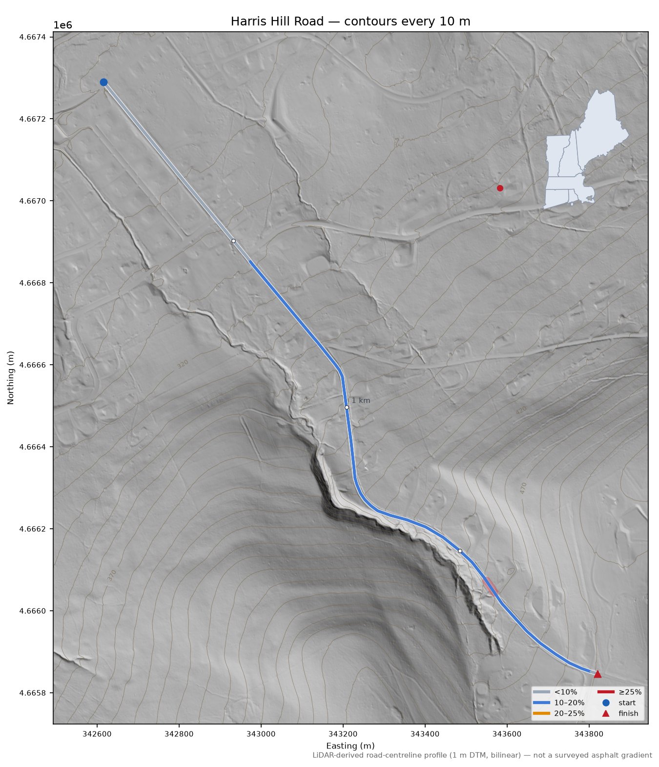 Harris Hill Road LiDAR hillshade map with contours