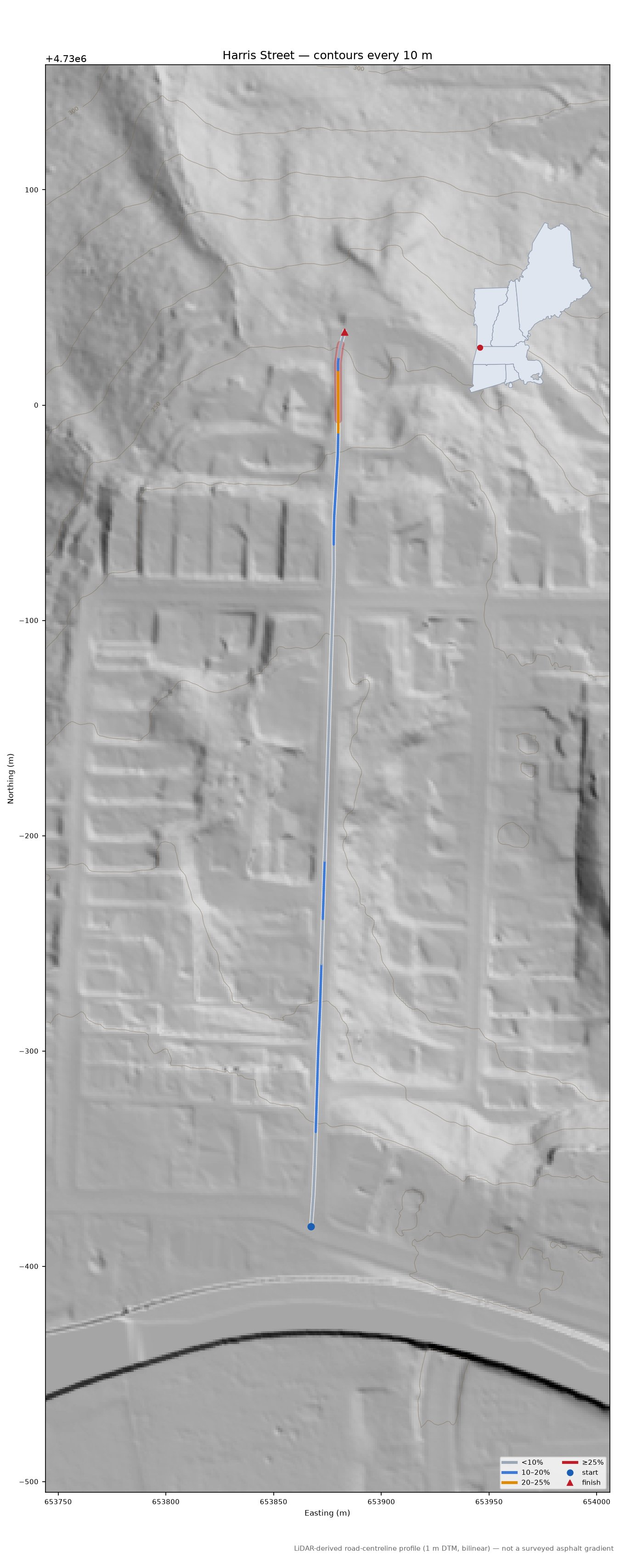 Harris Street LiDAR hillshade map with contours