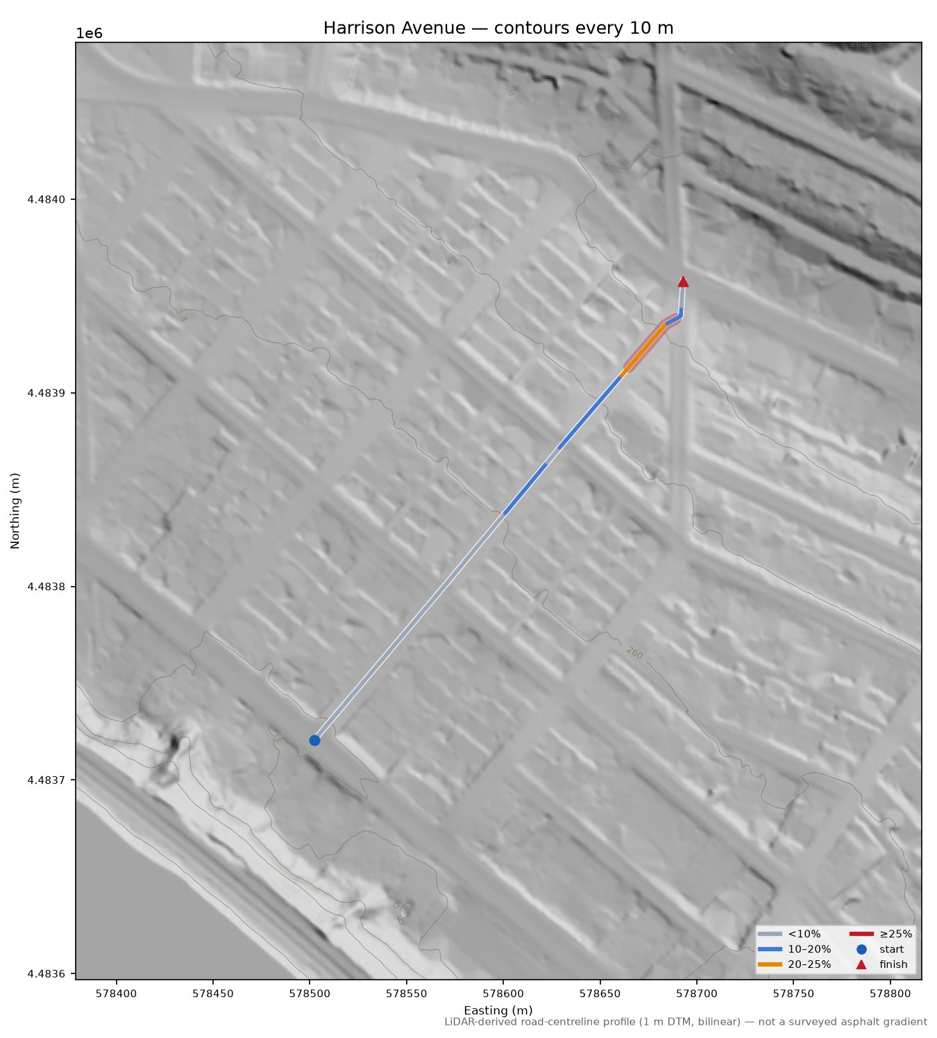 Harrison Avenue LiDAR hillshade map with contours