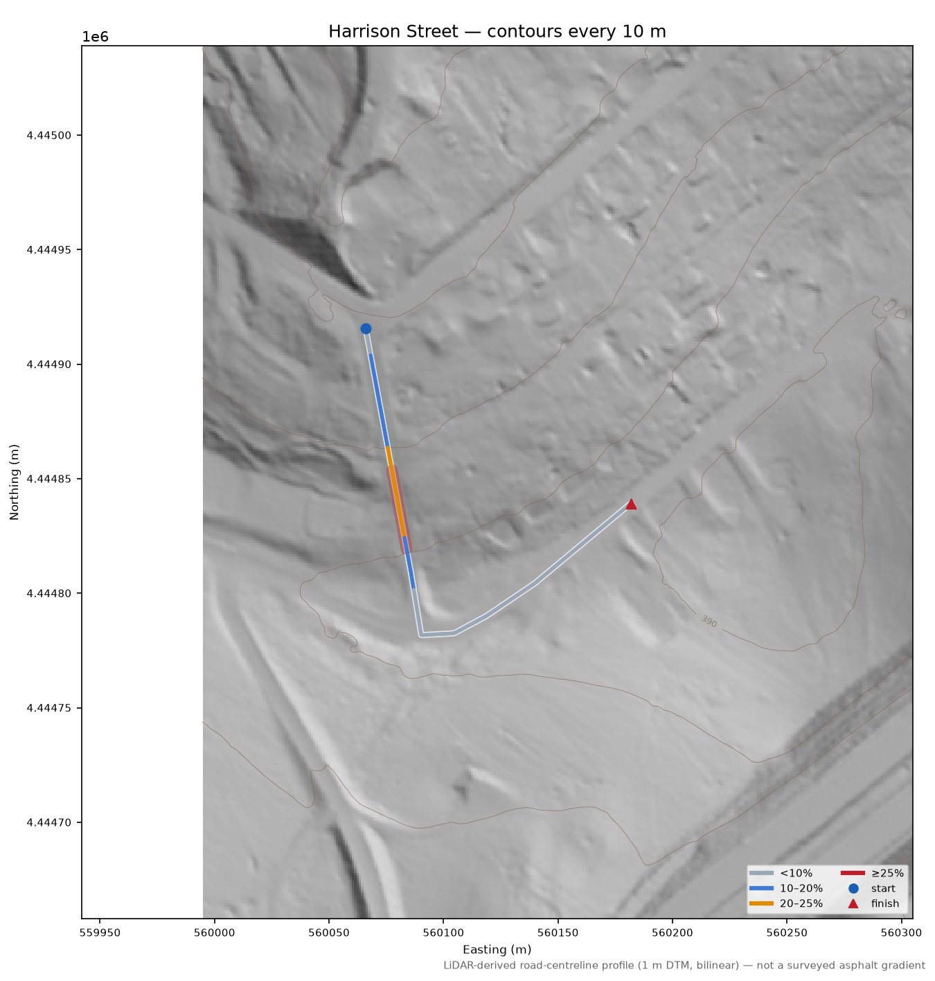 Harrison Street LiDAR hillshade map with contours