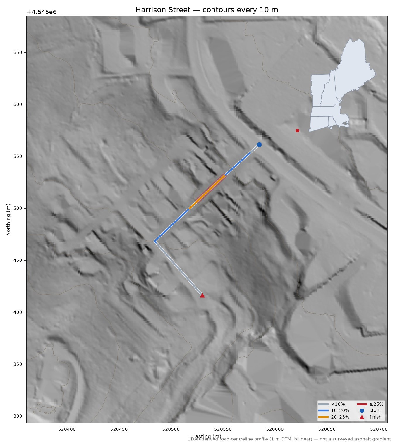 Harrison Street LiDAR hillshade map with contours