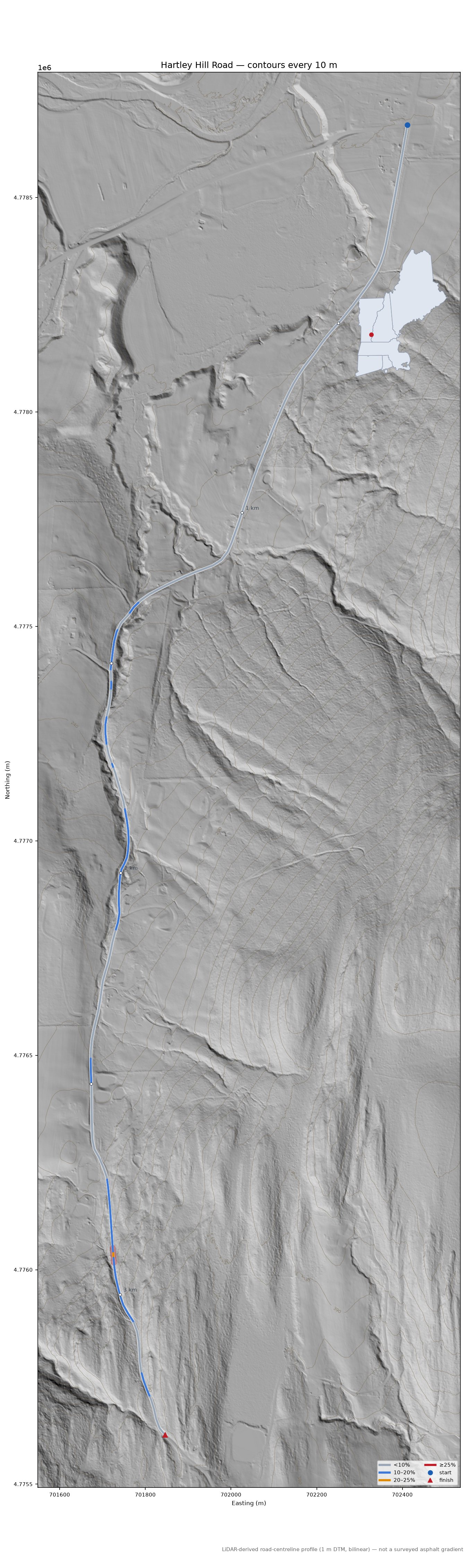 Hartley Hill Road LiDAR hillshade map with contours