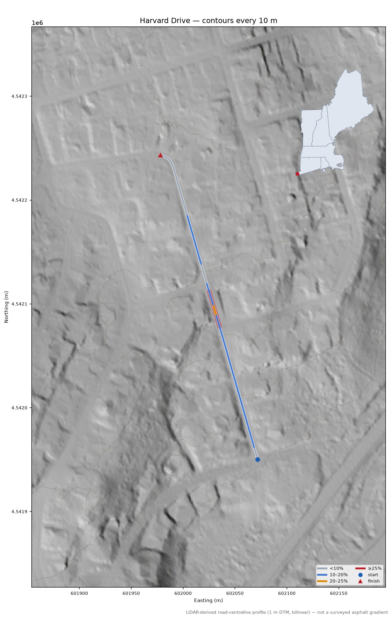 Harvard Drive LiDAR hillshade map with contours