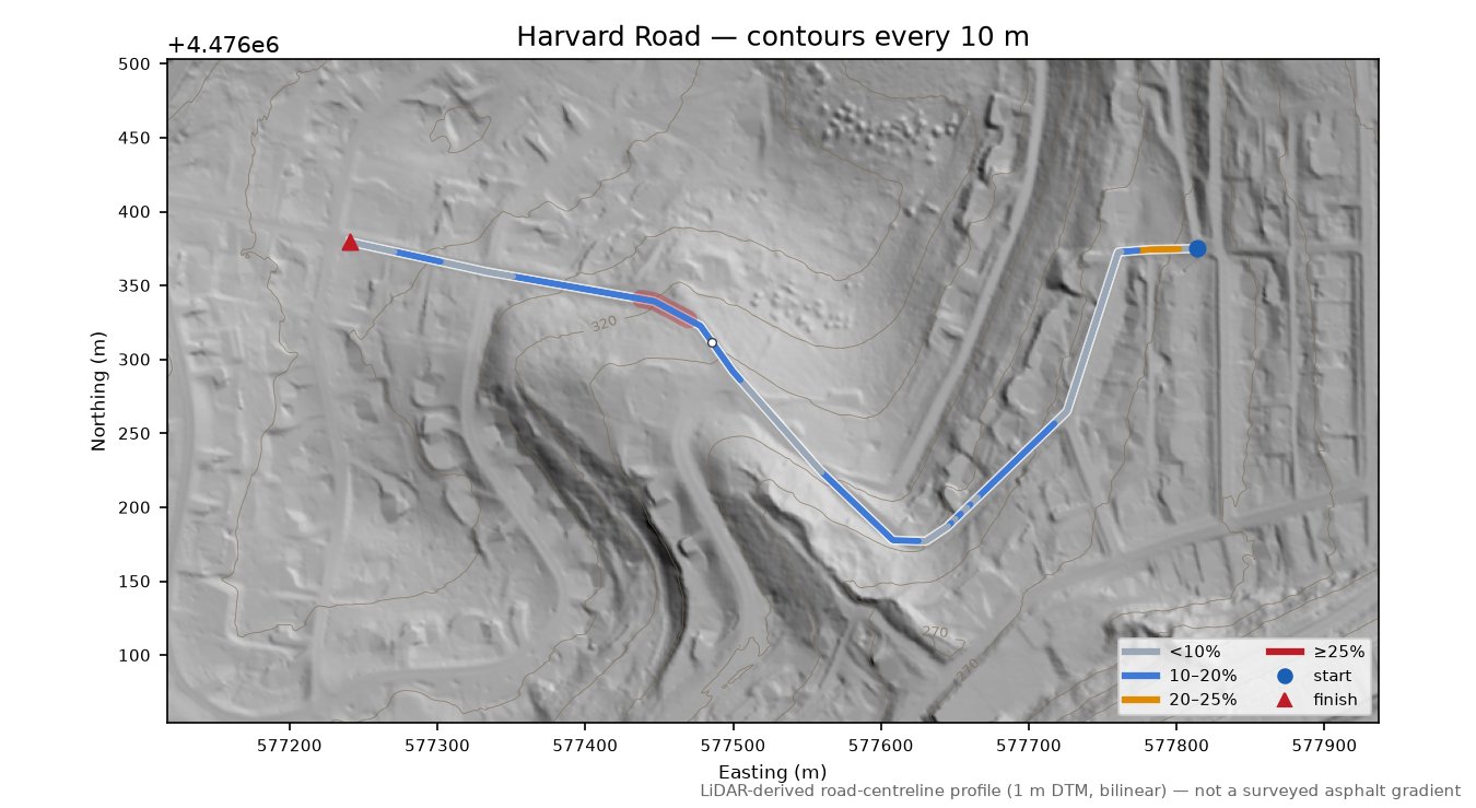 Harvard Road LiDAR hillshade map with contours