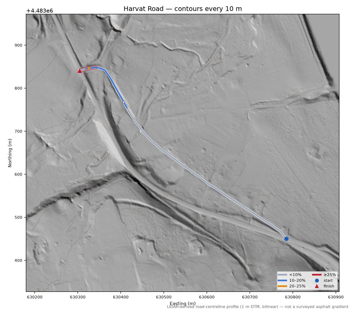 Harvat Road LiDAR hillshade map with contours