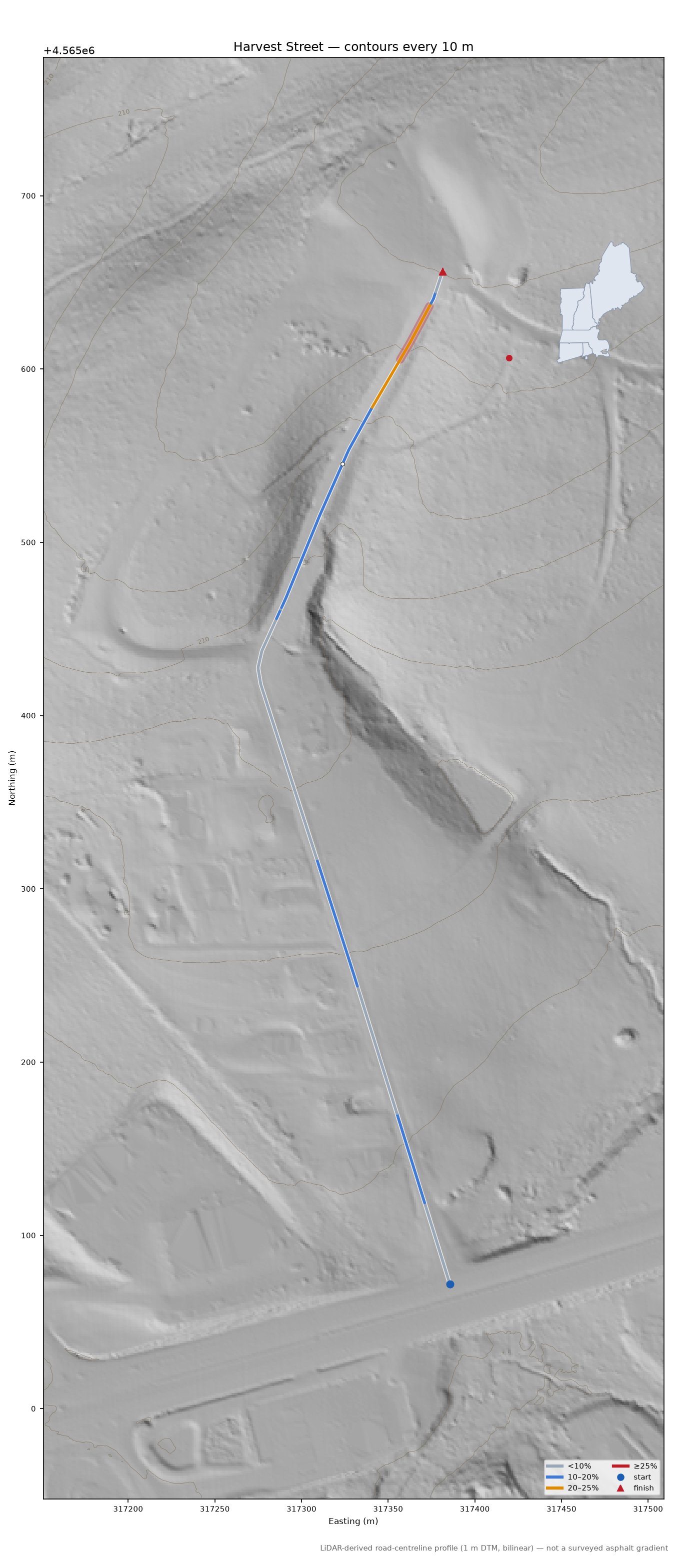 Harvest Street LiDAR hillshade map with contours