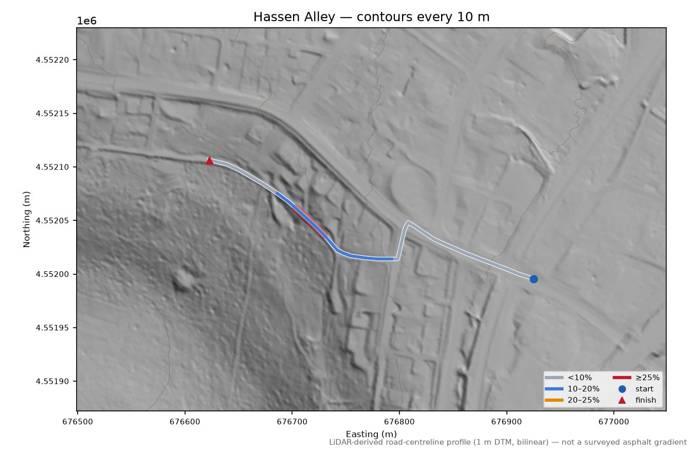Hassen Alley LiDAR hillshade map with contours