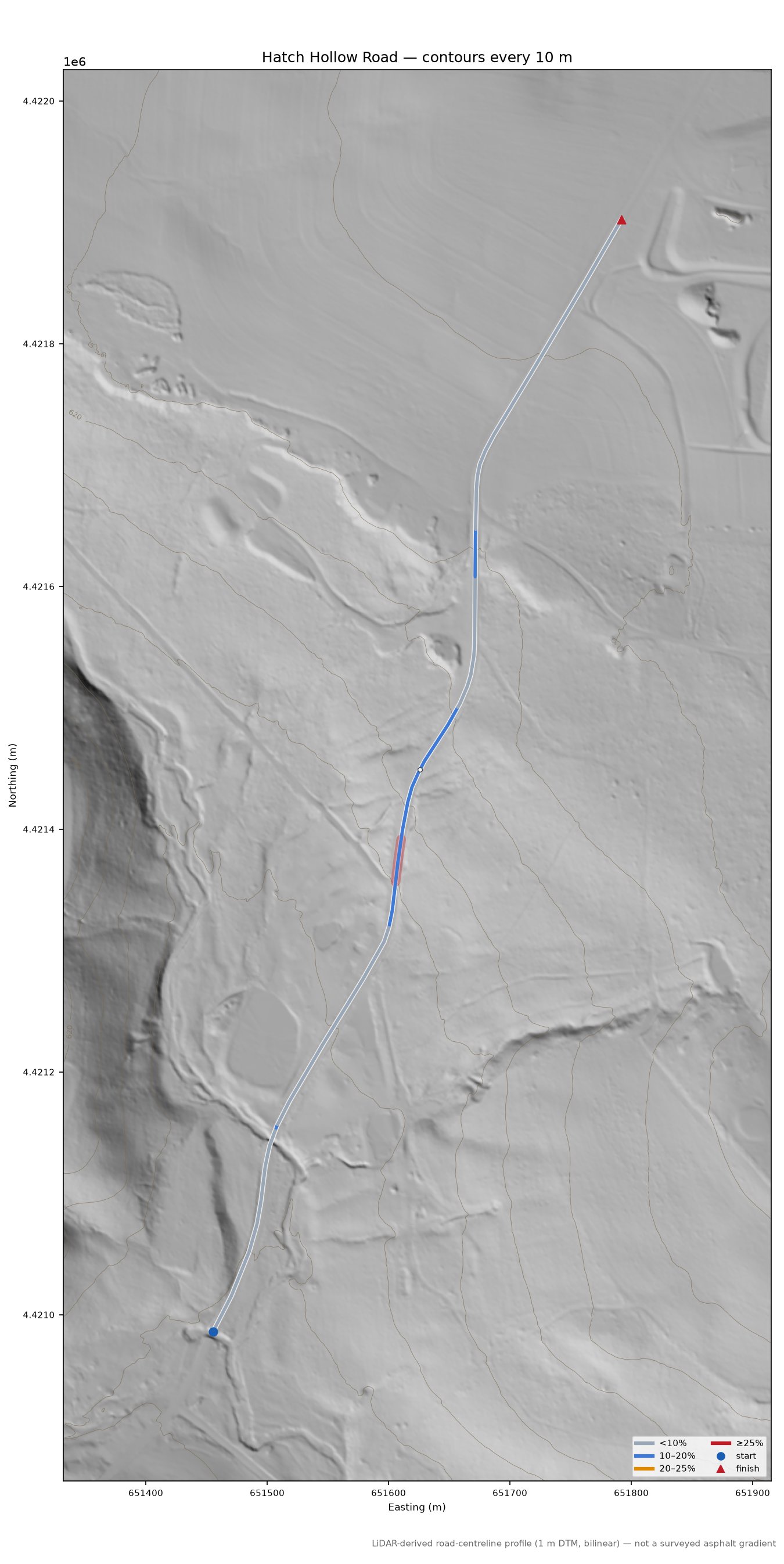 Hatch Hollow Road LiDAR hillshade map with contours