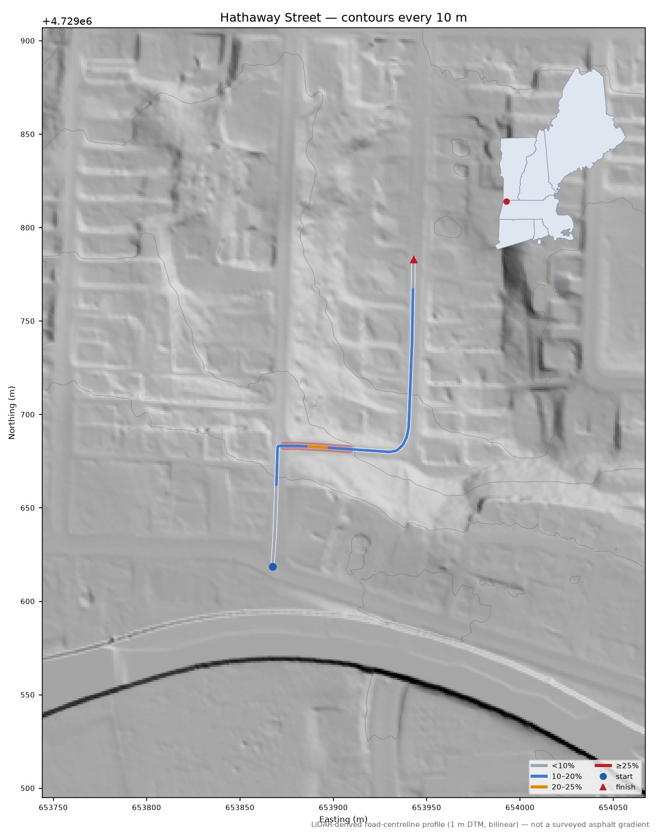 Hathaway Street LiDAR hillshade map with contours