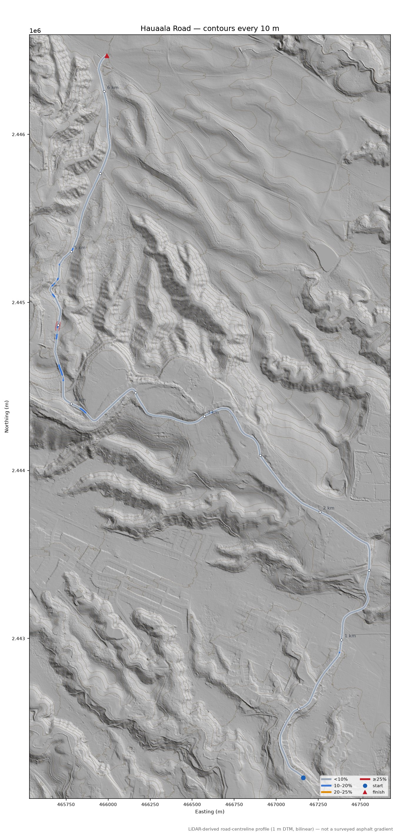 Hauaala Road LiDAR hillshade map with contours