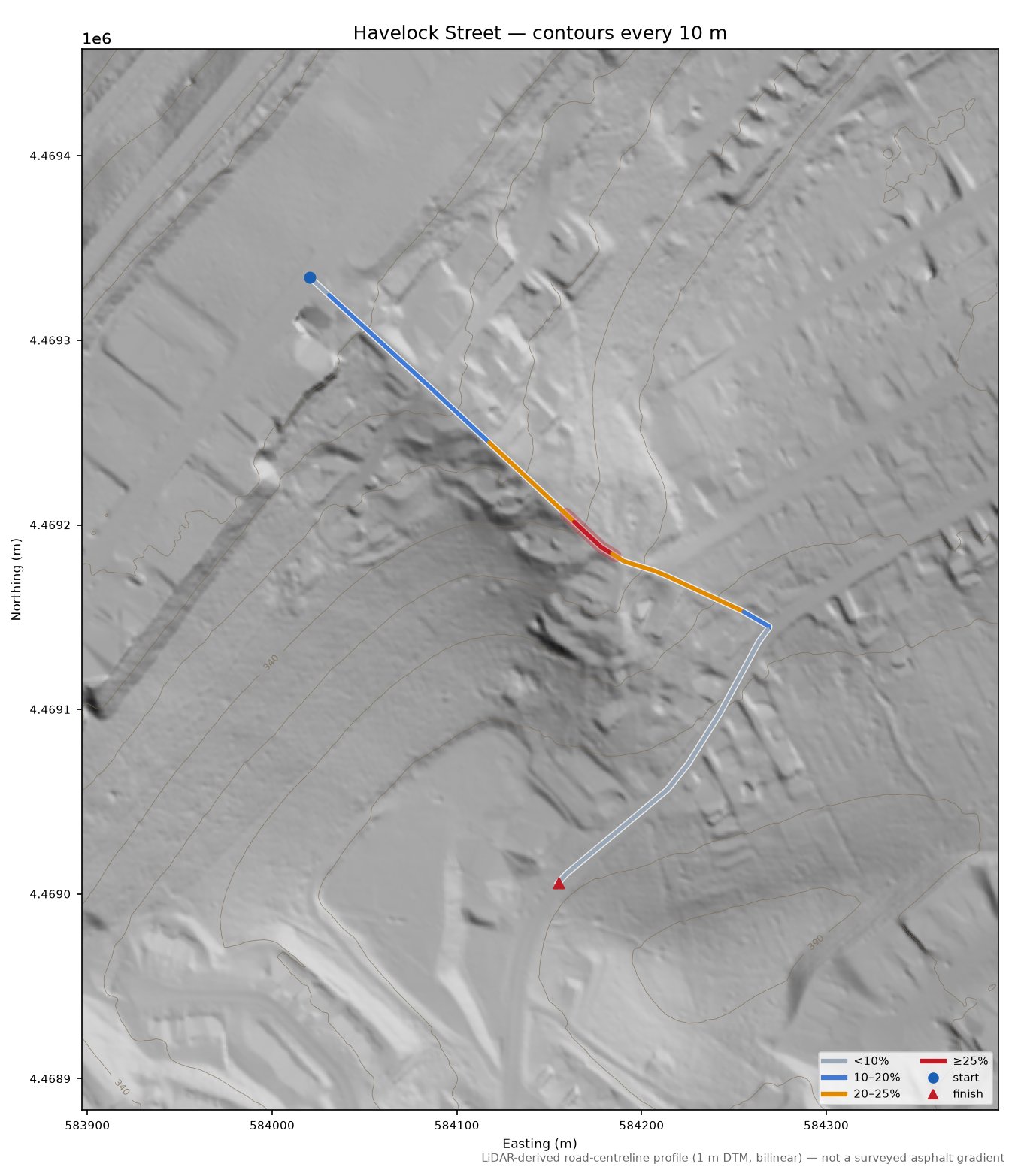 Havelock Street LiDAR hillshade map with contours