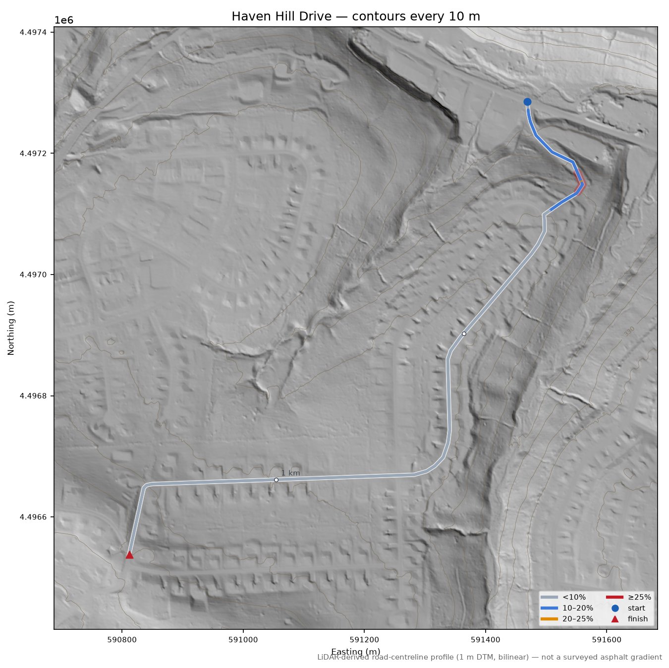 Haven Hill Drive LiDAR hillshade map with contours