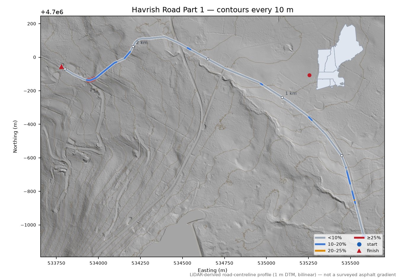Havrish Road Part 1 LiDAR hillshade map with contours