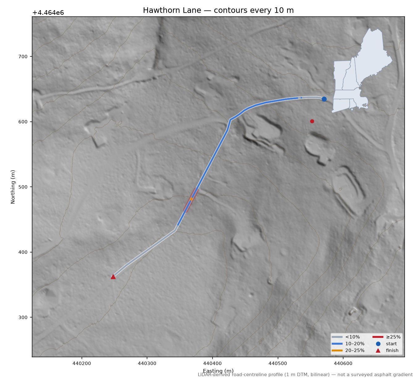 Hawthorn Lane LiDAR hillshade map with contours