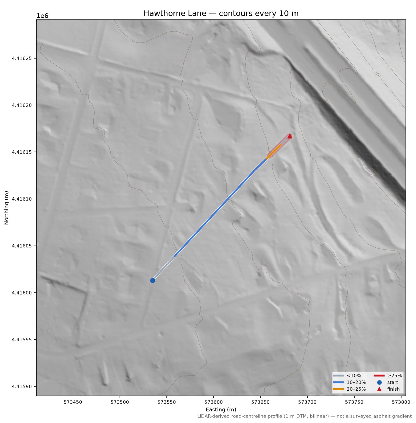 Hawthorne Lane LiDAR hillshade map with contours