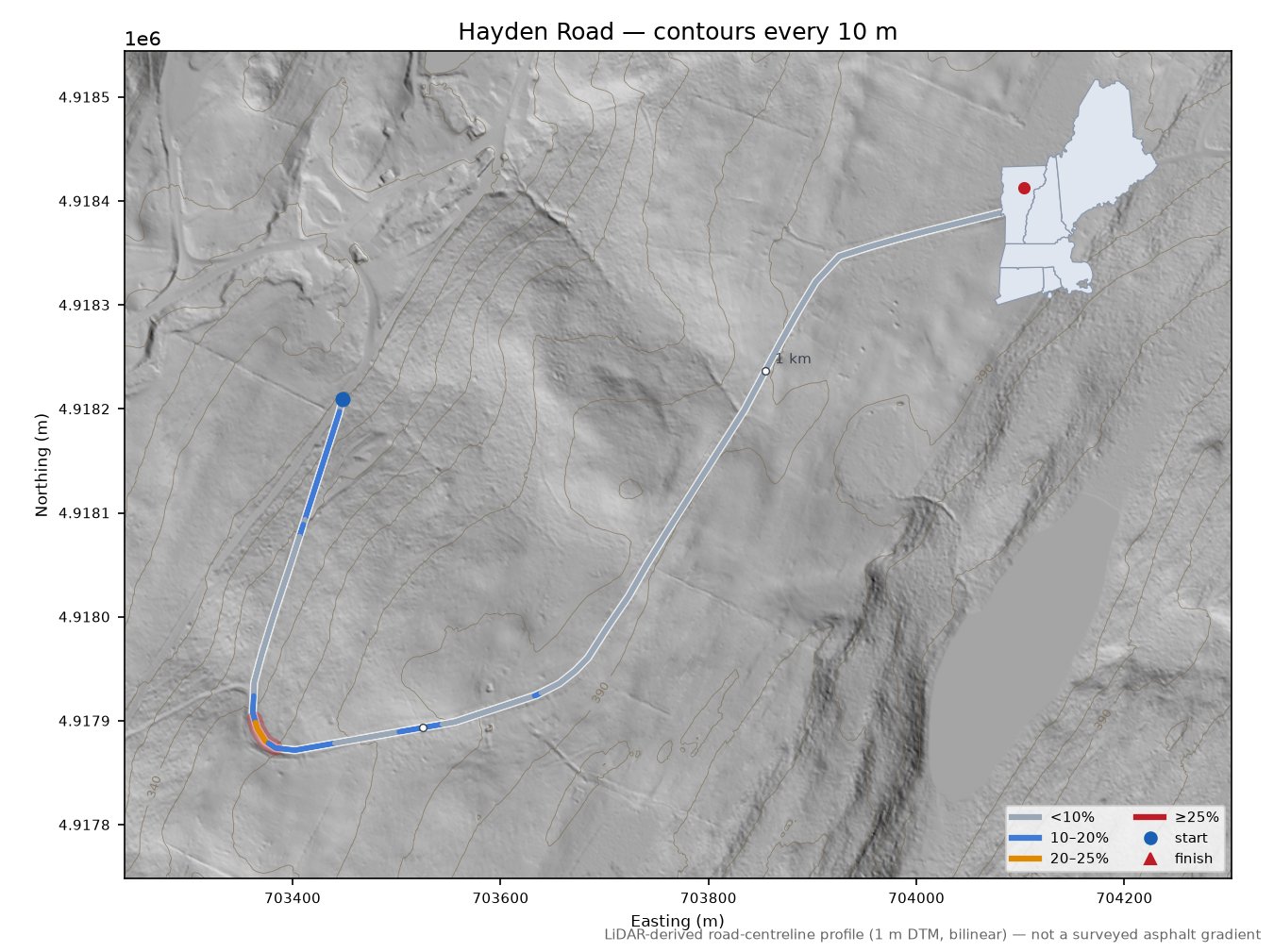 Hayden Road LiDAR hillshade map with contours