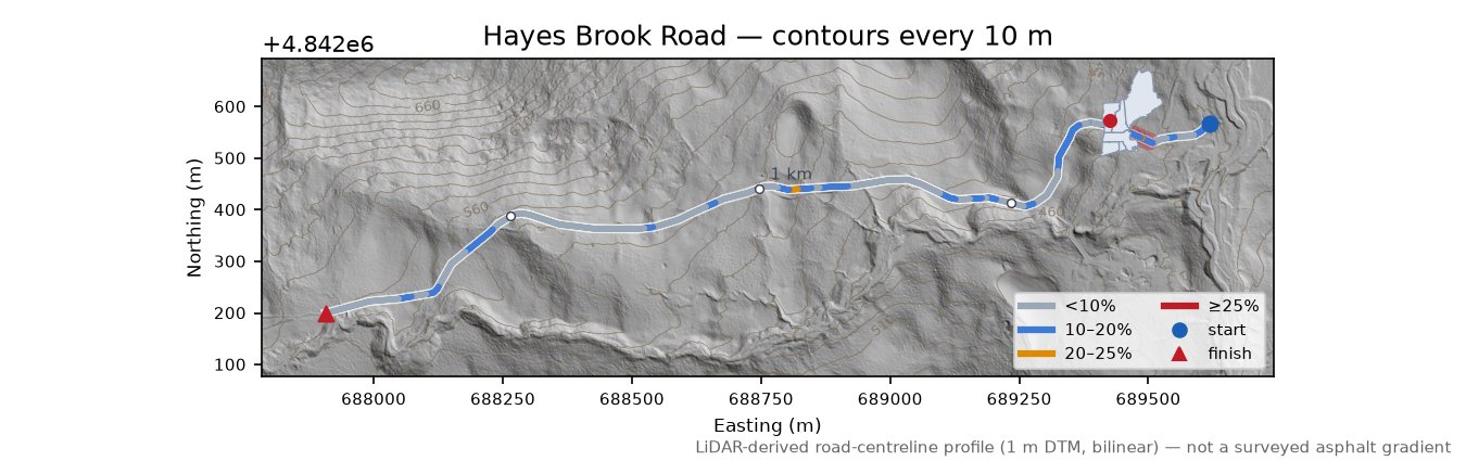 Hayes Brook Road LiDAR hillshade map with contours