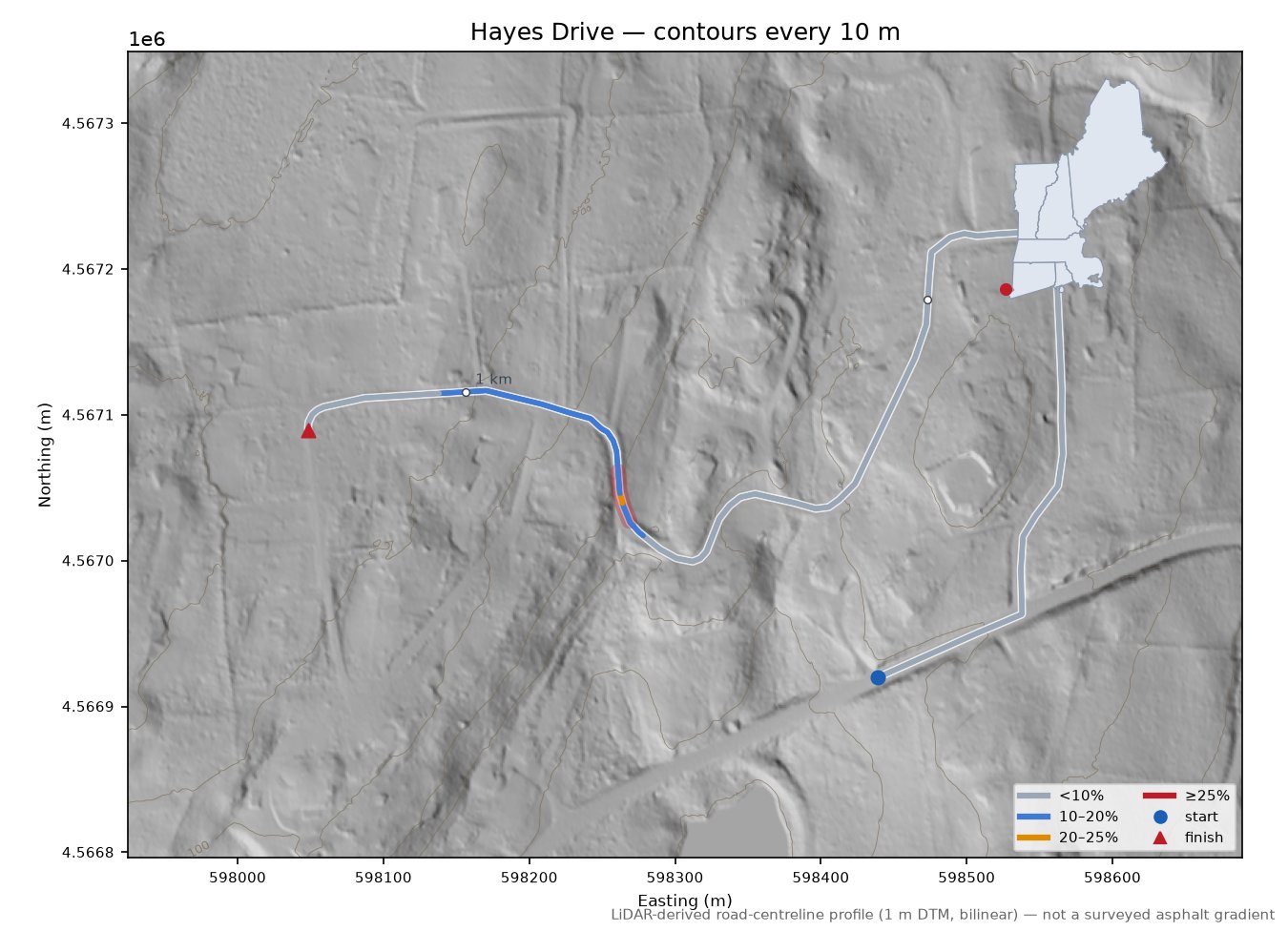 Hayes Drive LiDAR hillshade map with contours