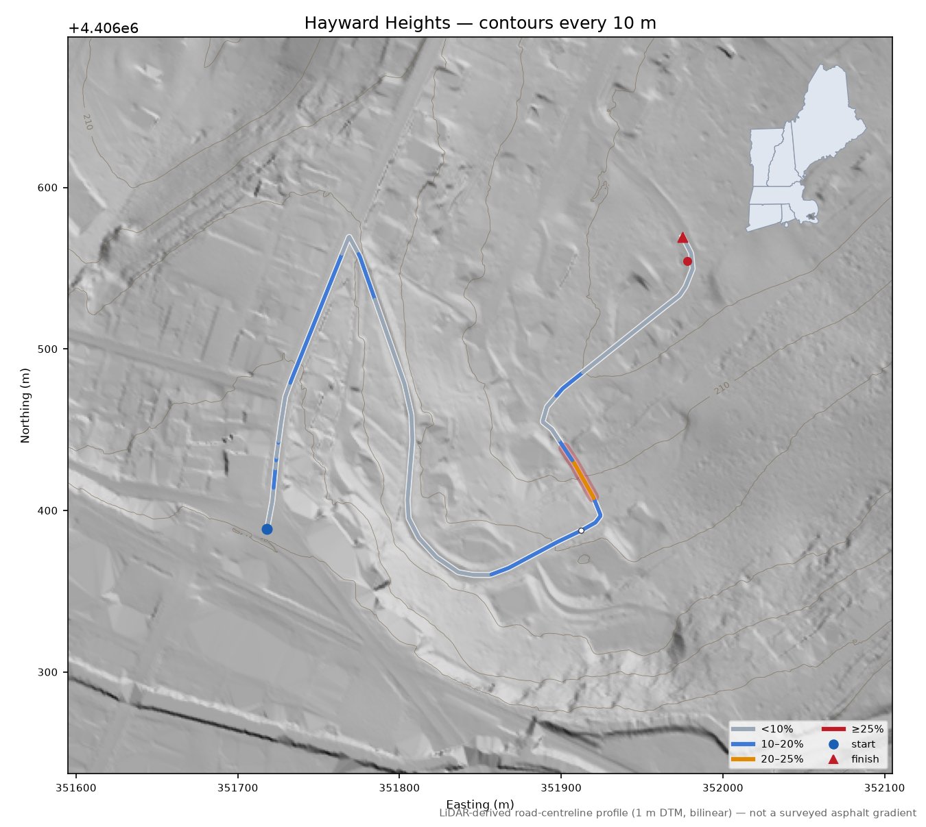 Hayward Heights LiDAR hillshade map with contours