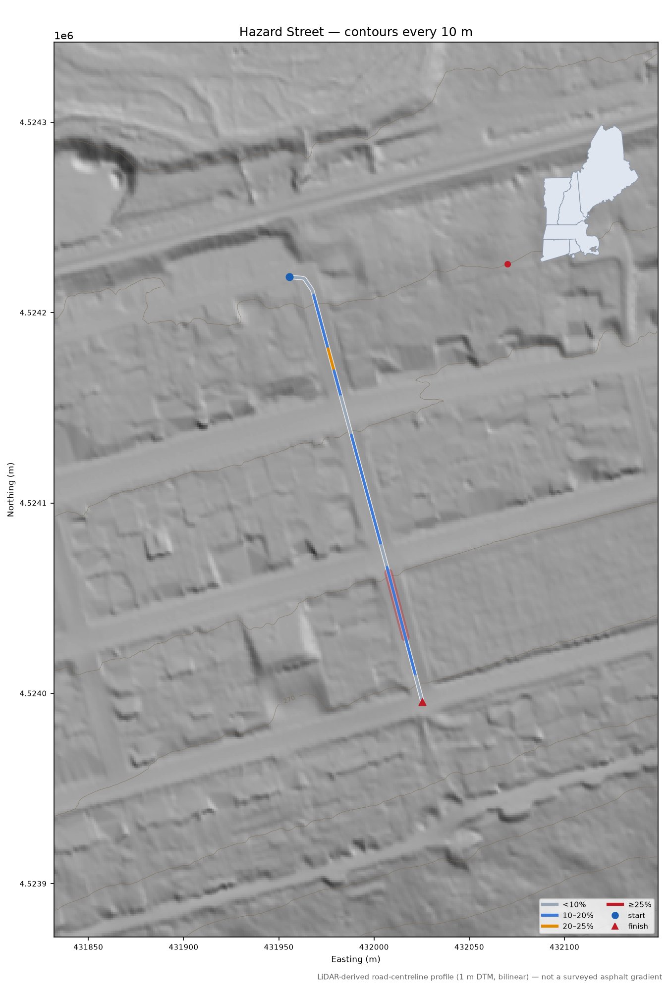 Hazard Street LiDAR hillshade map with contours