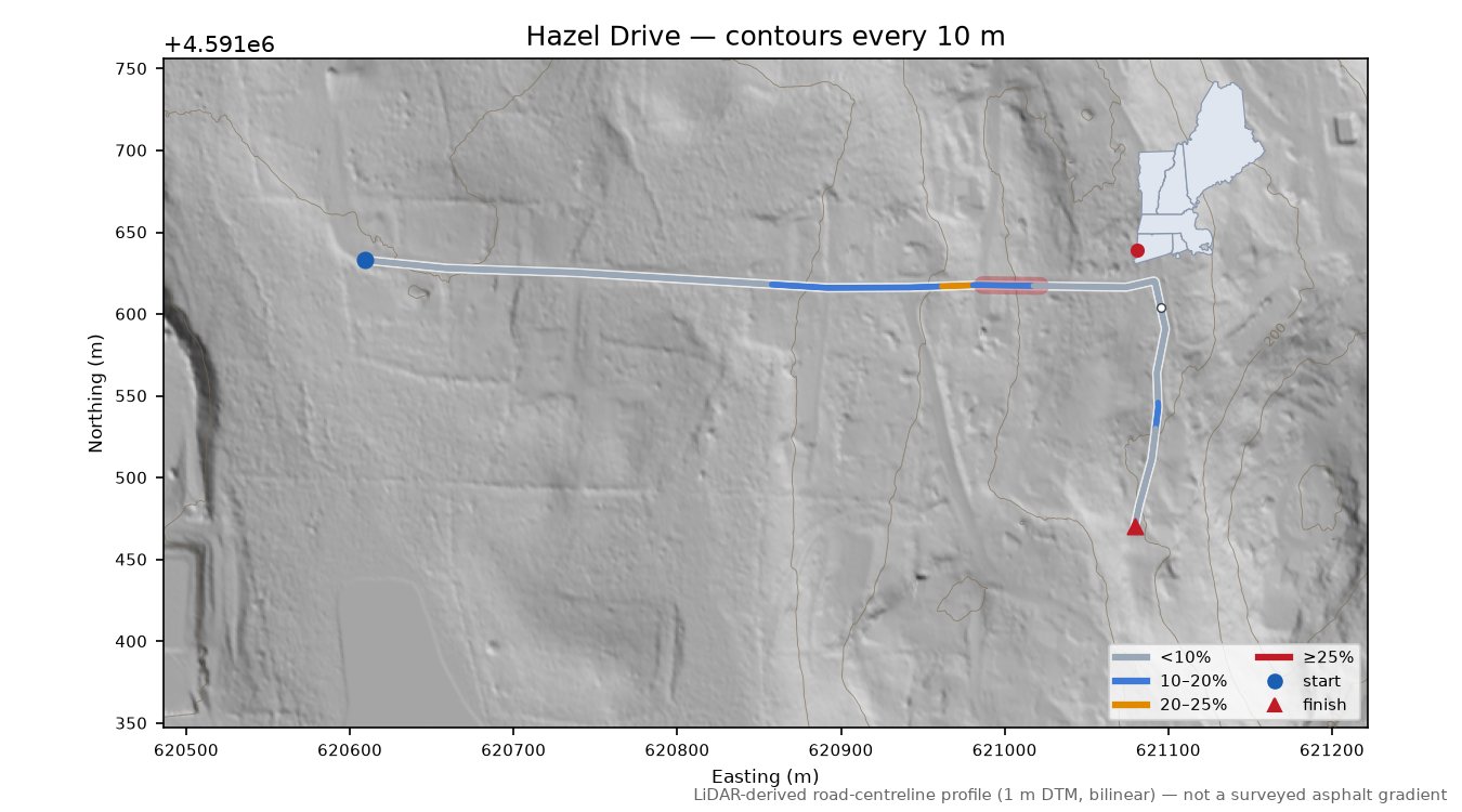 Hazel Drive LiDAR hillshade map with contours
