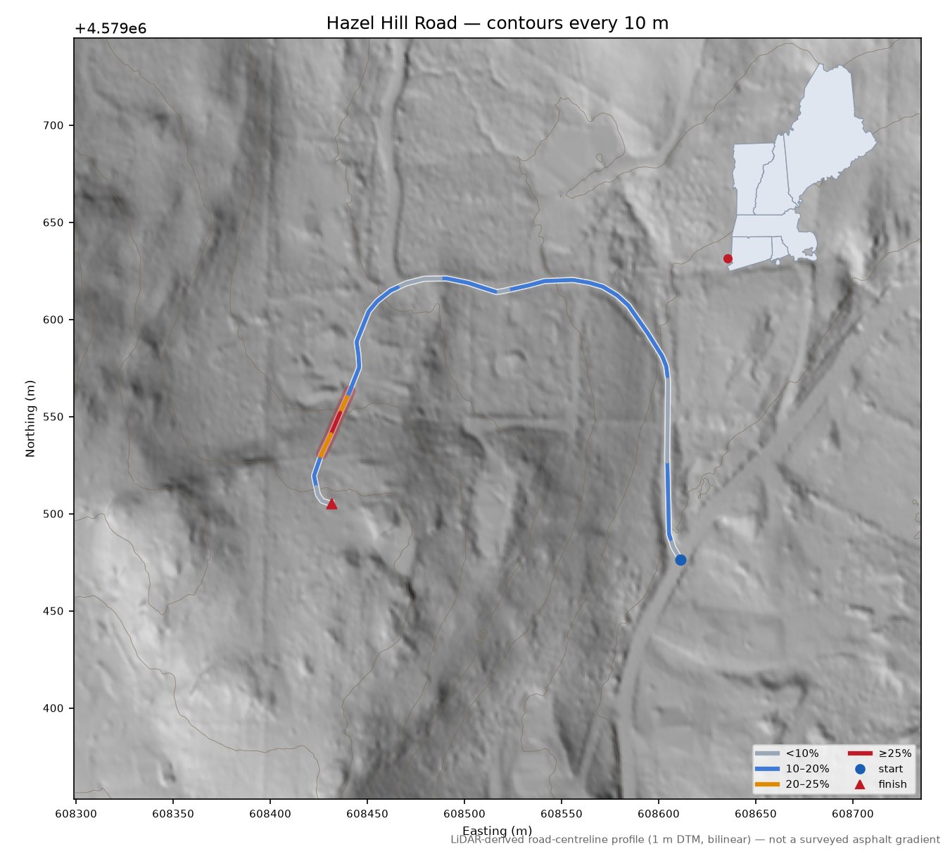 Hazel Hill Road LiDAR hillshade map with contours