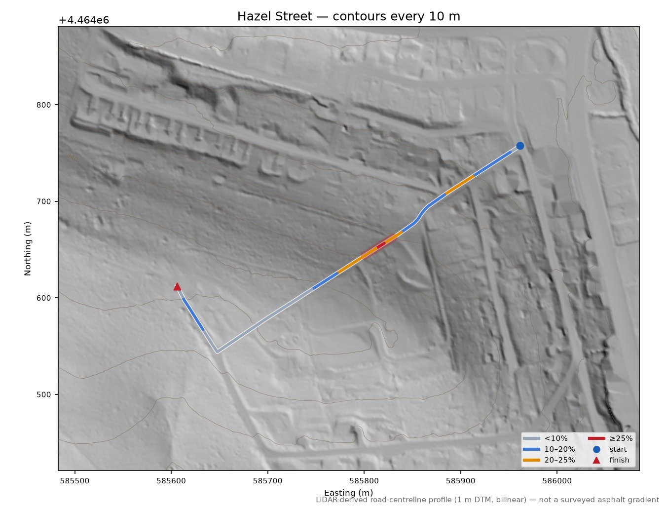 Hazel Street LiDAR hillshade map with contours