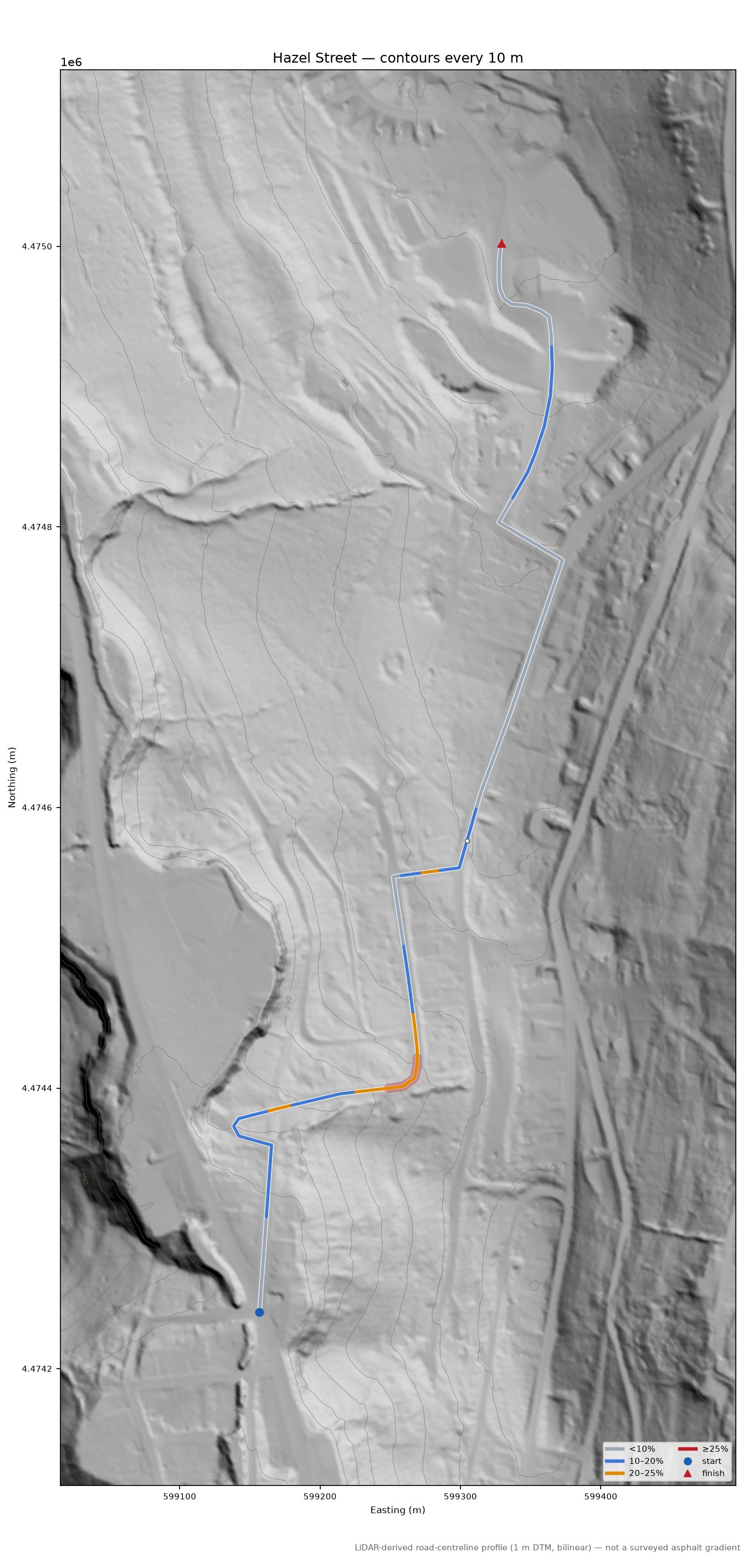 Hazel Street LiDAR hillshade map with contours