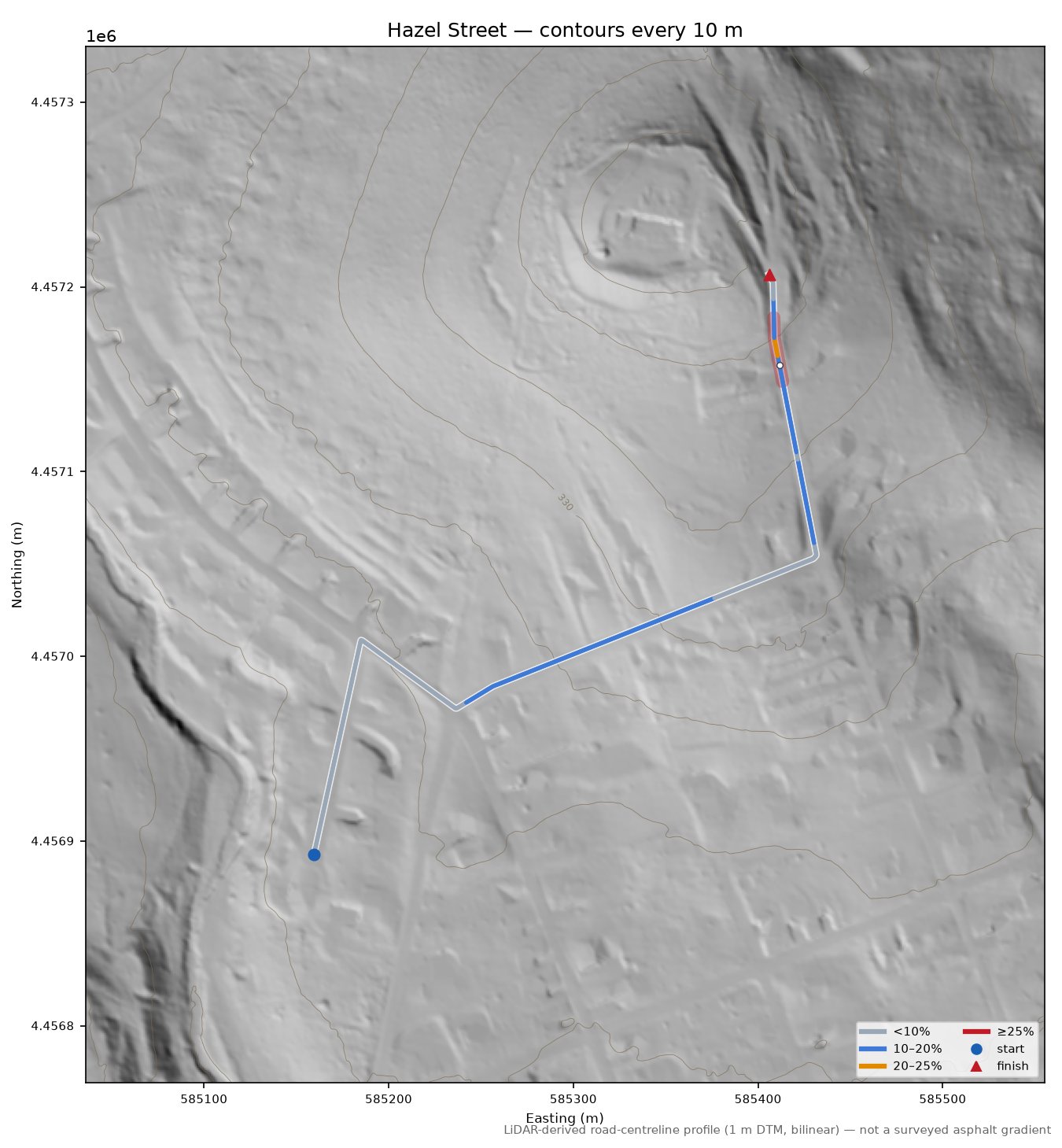 Hazel Street LiDAR hillshade map with contours
