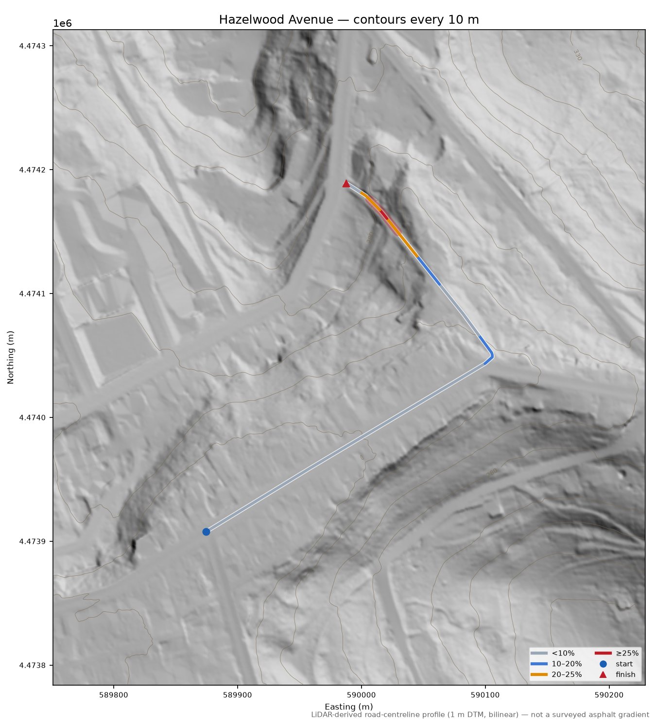 Hazelwood Avenue LiDAR hillshade map with contours