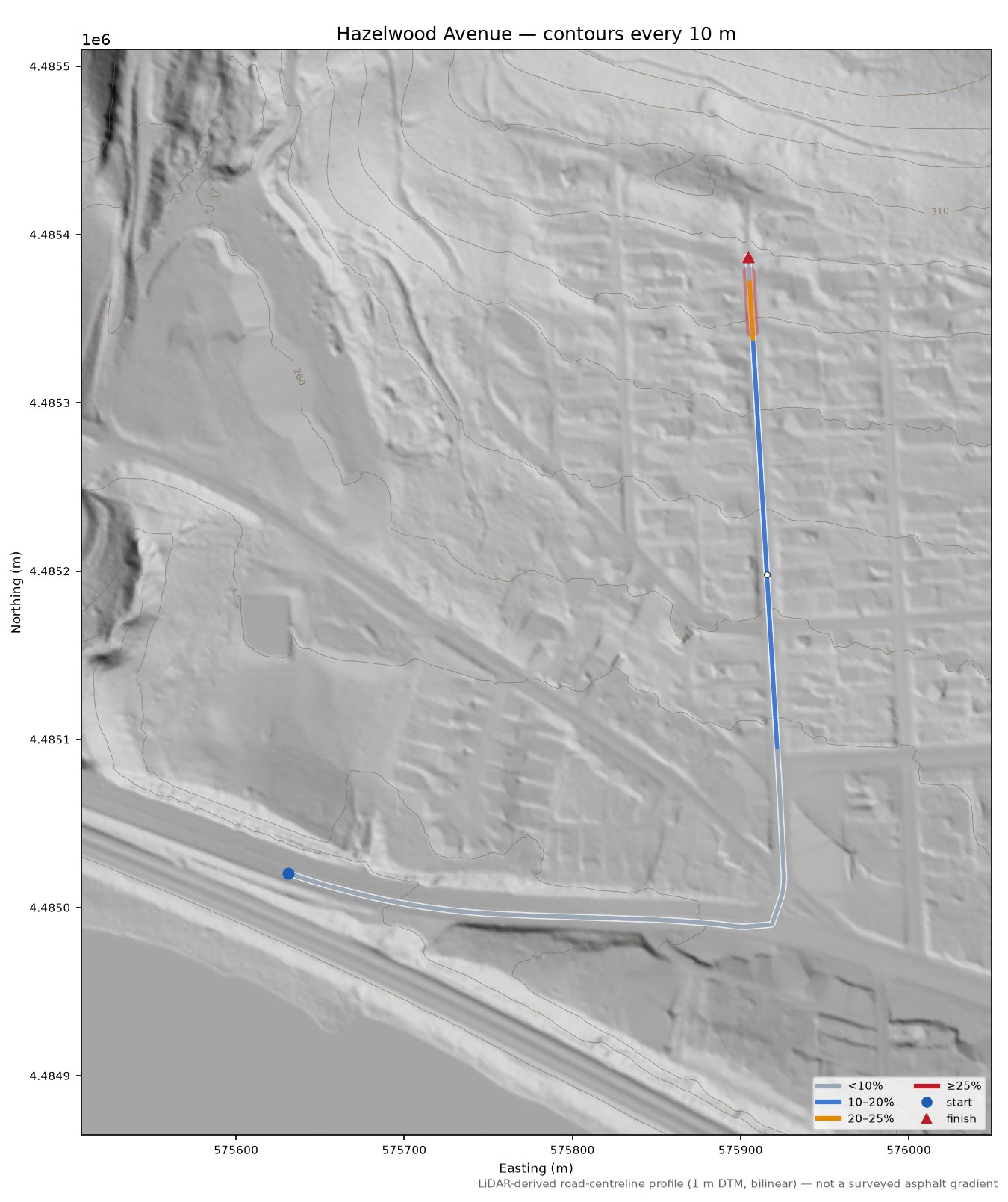Hazelwood Avenue LiDAR hillshade map with contours