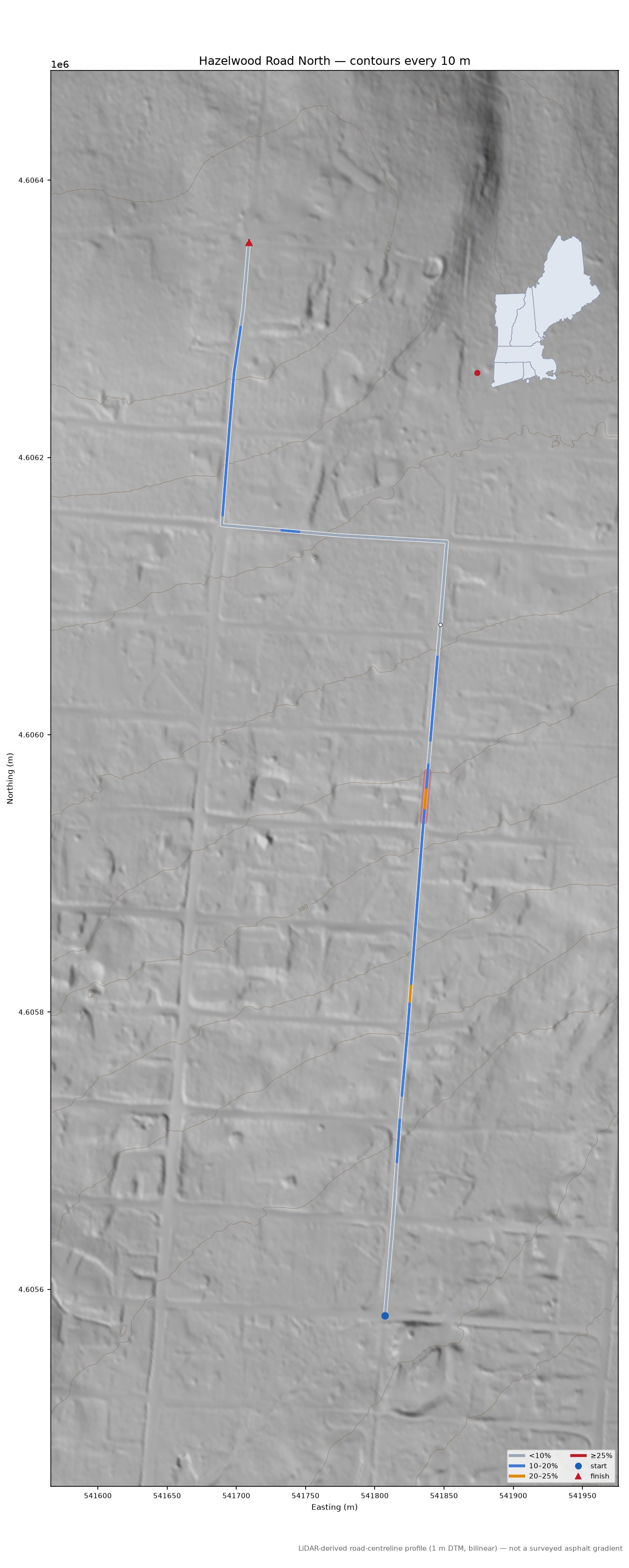 Hazelwood Road North LiDAR hillshade map with contours