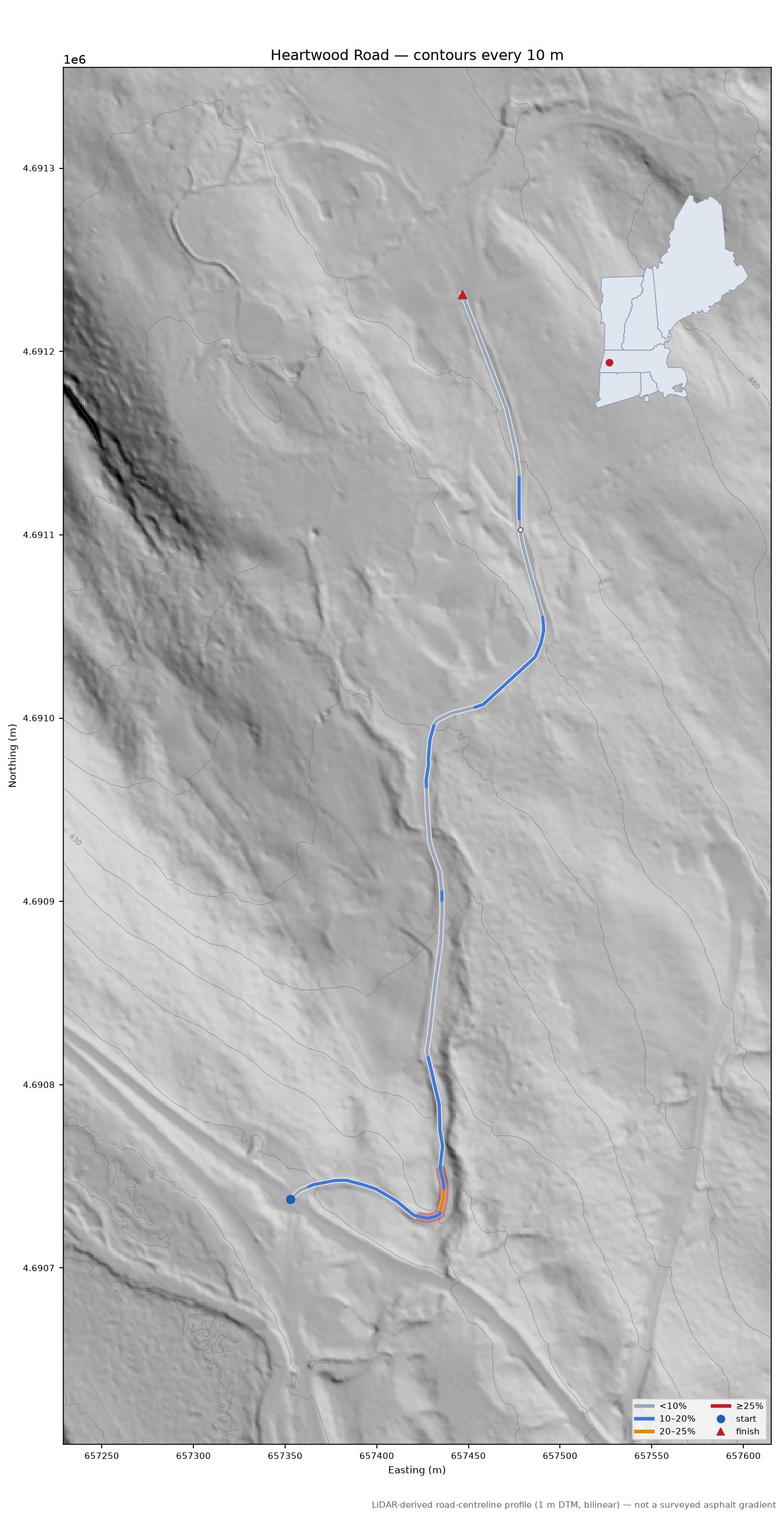 Heartwood Road LiDAR hillshade map with contours