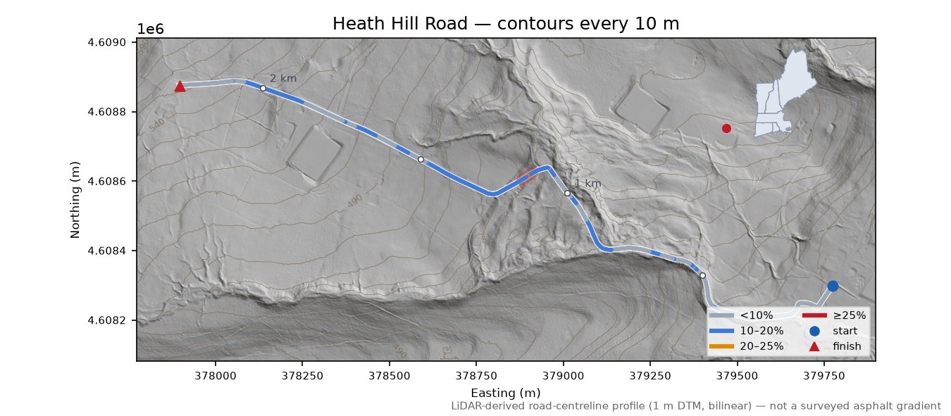 Heath Hill Road LiDAR hillshade map with contours
