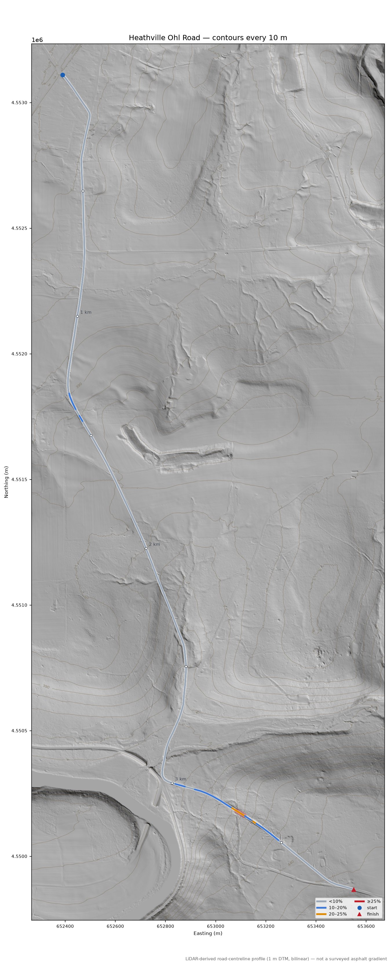 Heathville Ohl Road LiDAR hillshade map with contours