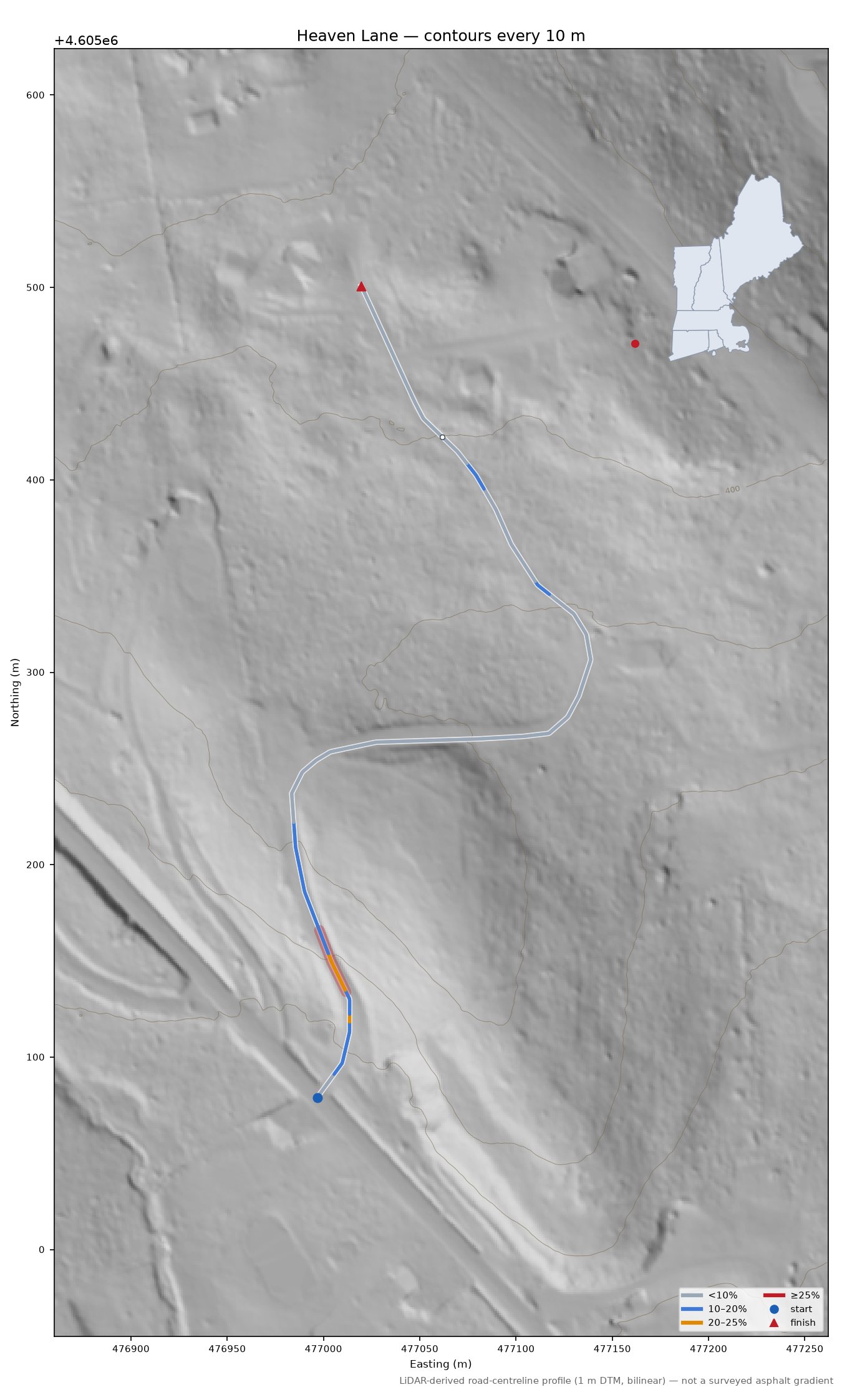 Heaven Lane LiDAR hillshade map with contours