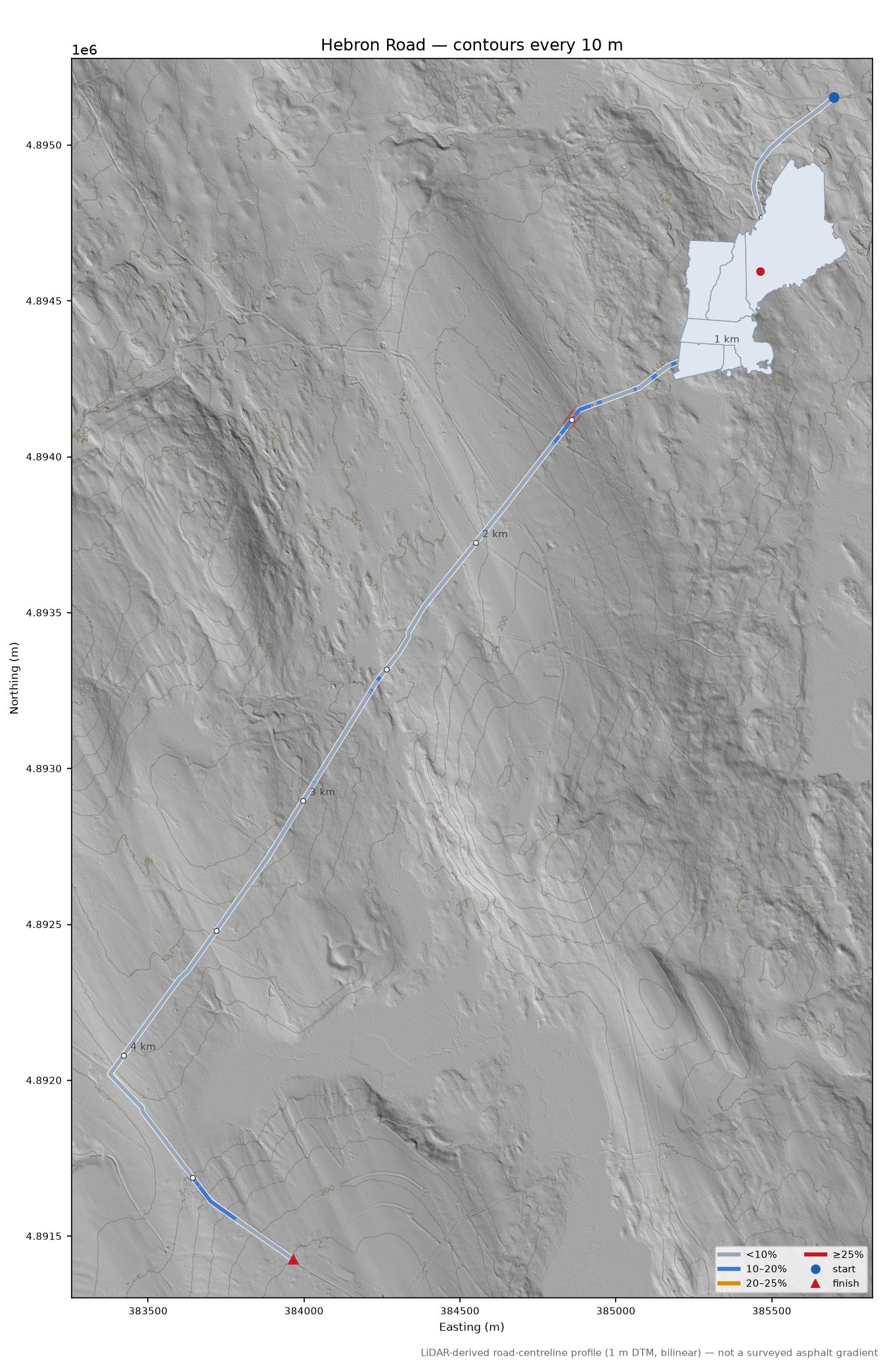 Hebron Road LiDAR hillshade map with contours