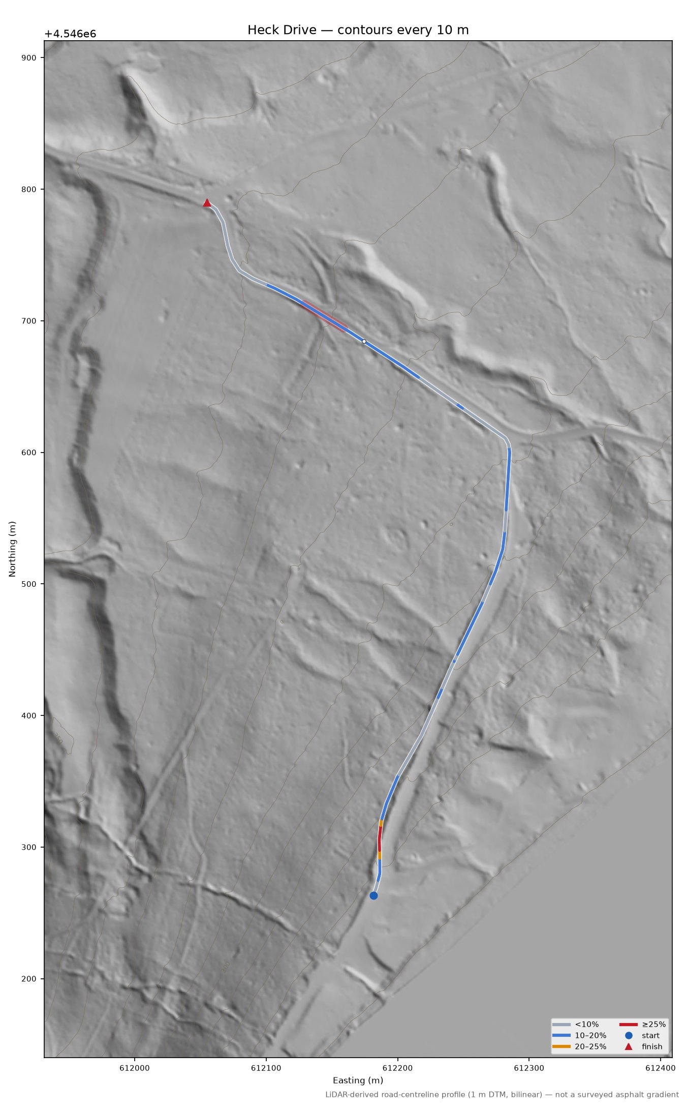 Heck Drive LiDAR hillshade map with contours