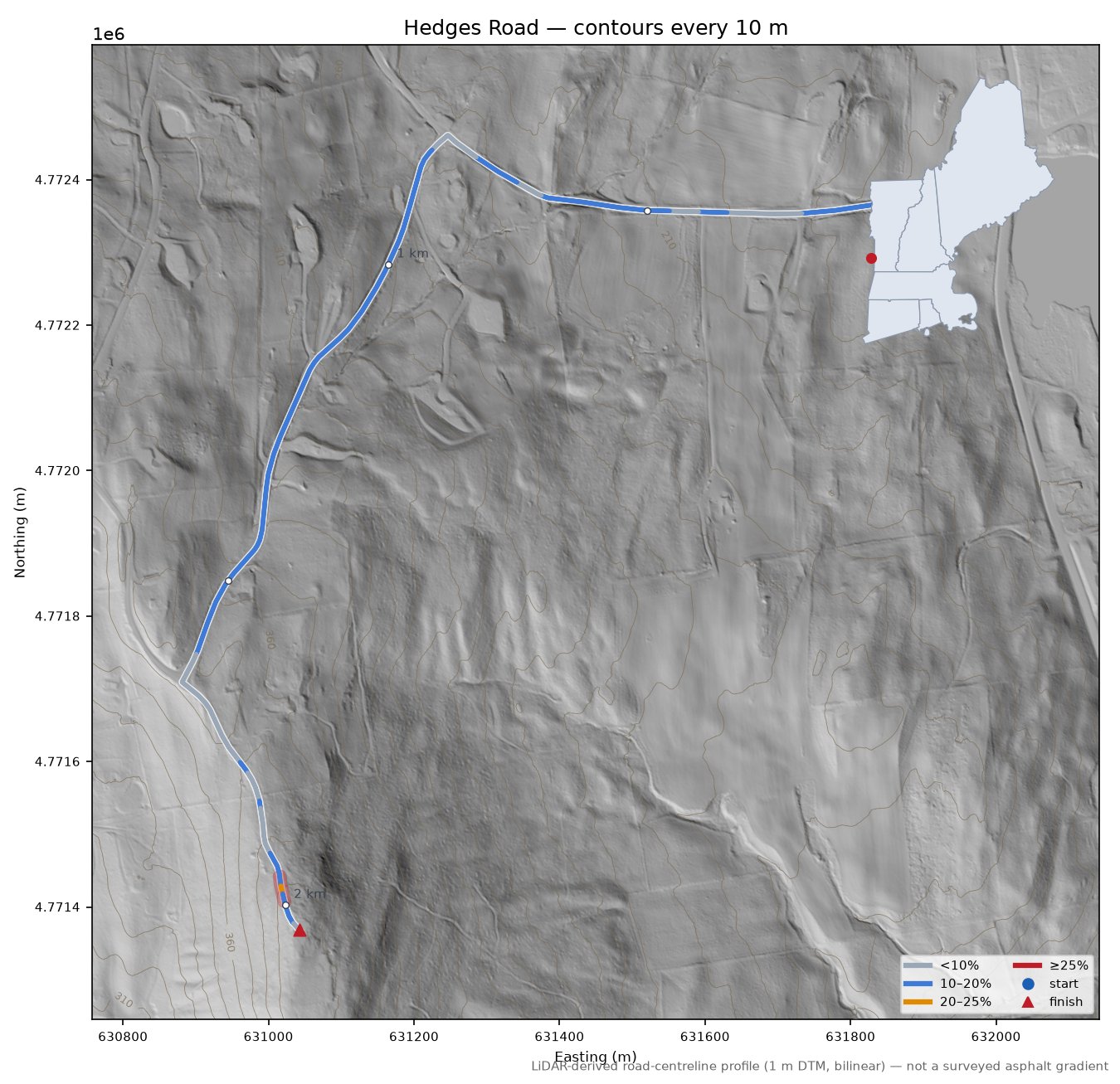 Hedges Road LiDAR hillshade map with contours