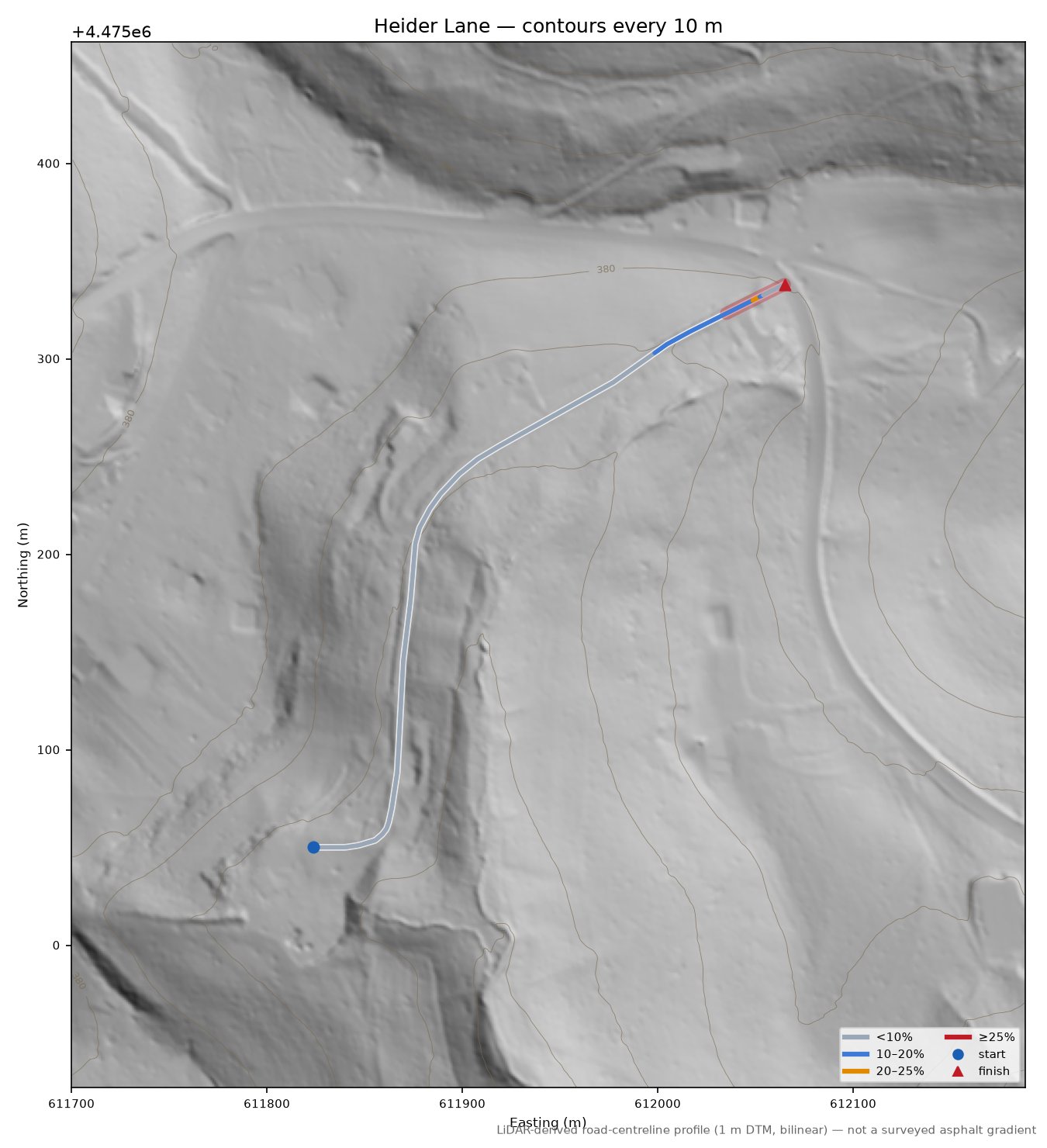 Heider Lane LiDAR hillshade map with contours
