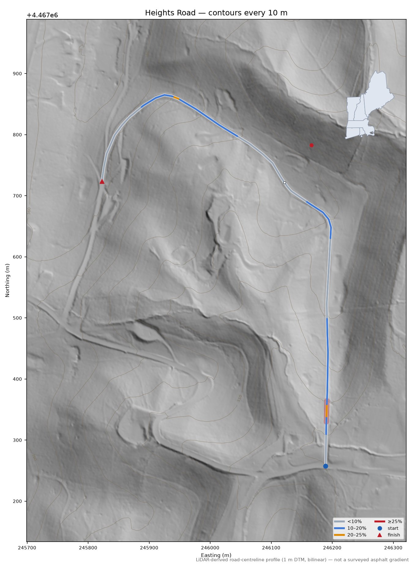 Heights Road LiDAR hillshade map with contours