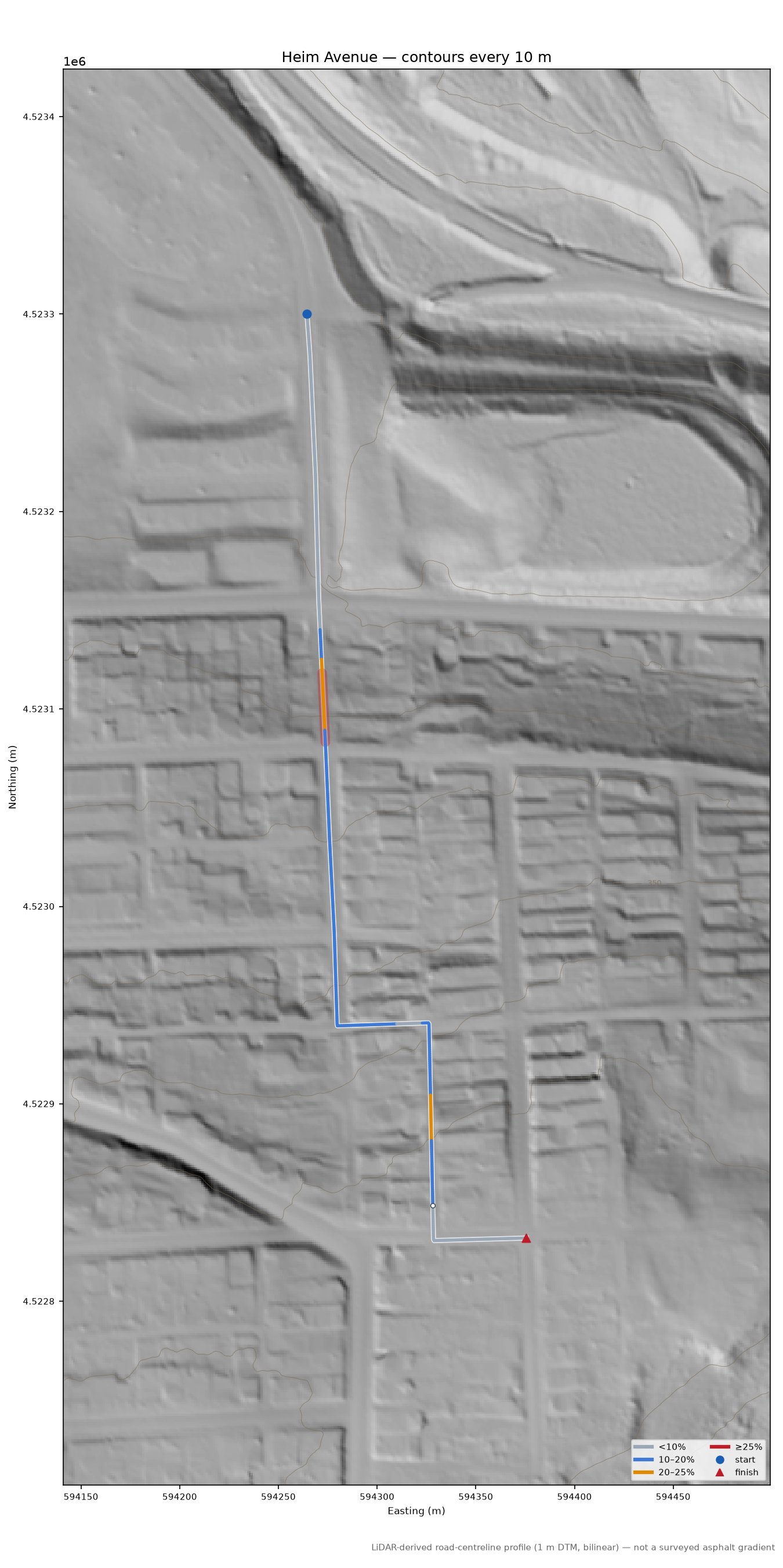 Heim Avenue LiDAR hillshade map with contours