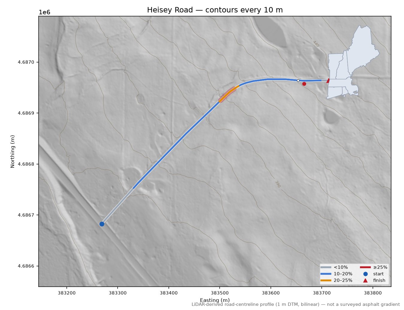 Heisey Road LiDAR hillshade map with contours